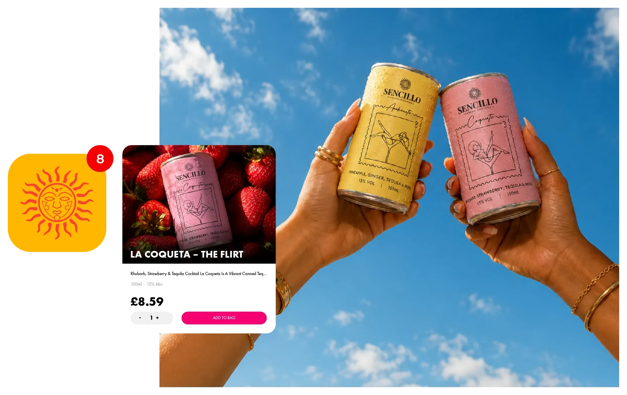 Sencillo outcome — La Coqueta product card and cans