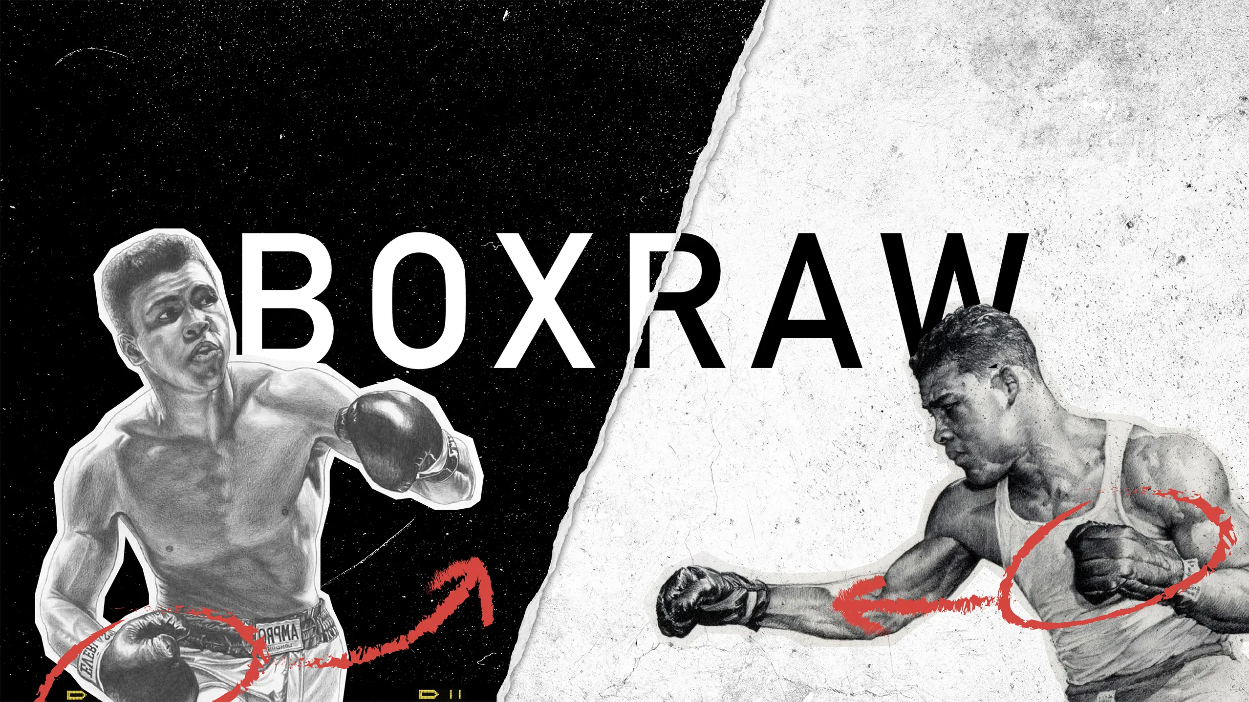 Two illustrated boxers flanking the BOXRAW wordmark across a split black-and-white field.