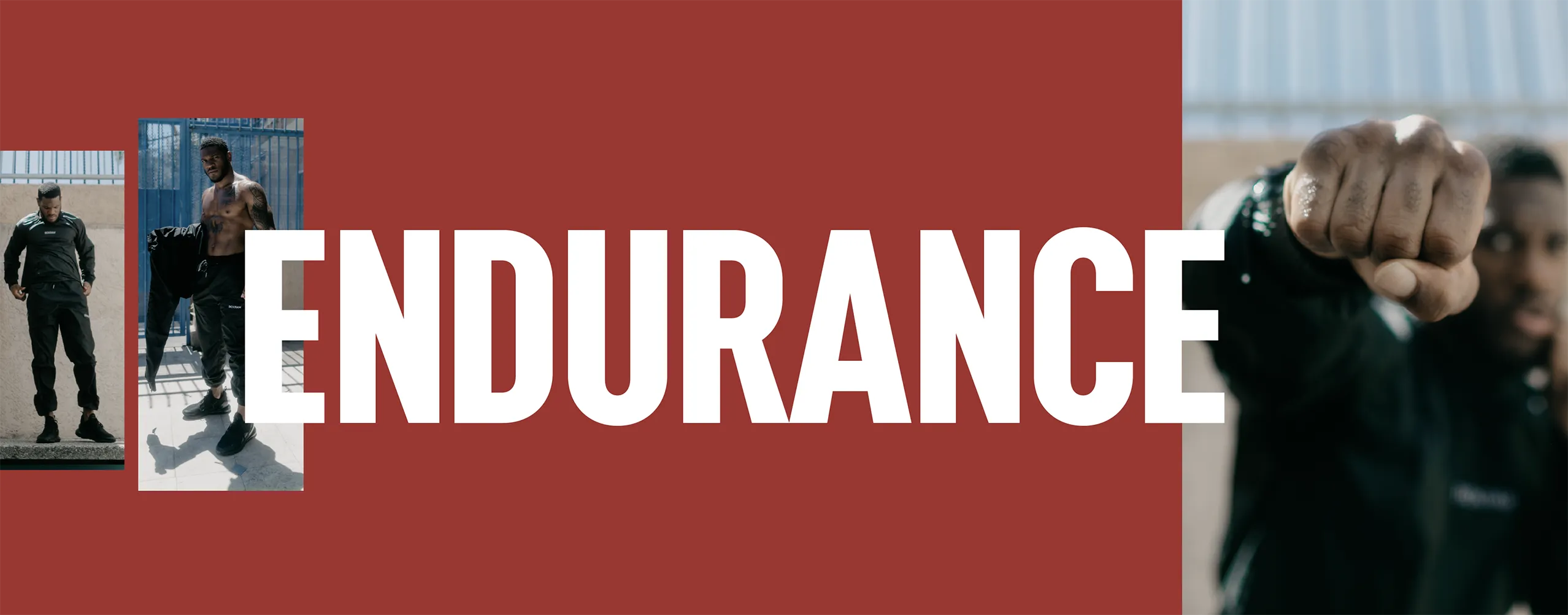 &lsquo;Endurance&rsquo; banner in brick red with boxers either side.