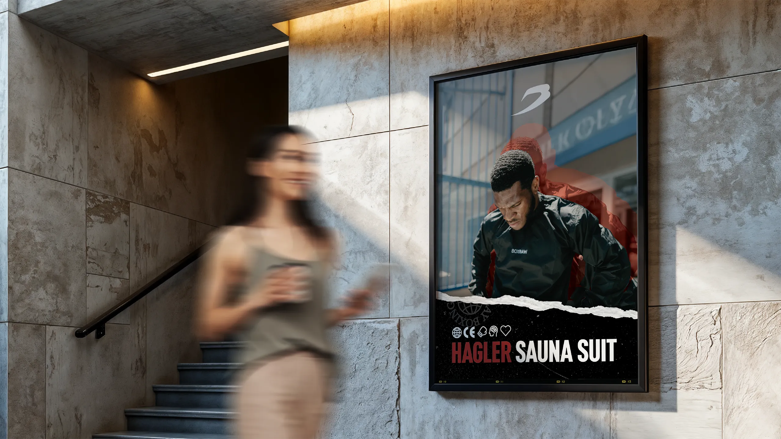 Hagler Sauna Suit poster in a backlit street frame beside a staircase, a passer-by blurred in motion.