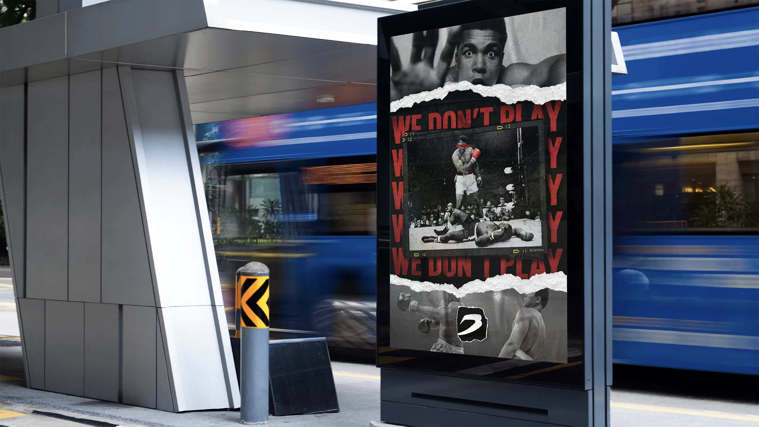 &lsquo;We Don&rsquo;t Play&rsquo; digital billboard on a station concourse as a train blurs past.