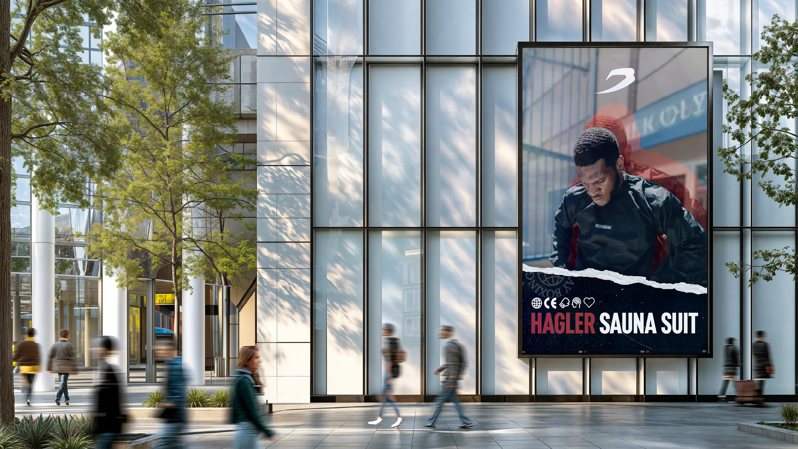 Hagler Sauna Suit digital billboard outside a glass office building as commuters walk past.