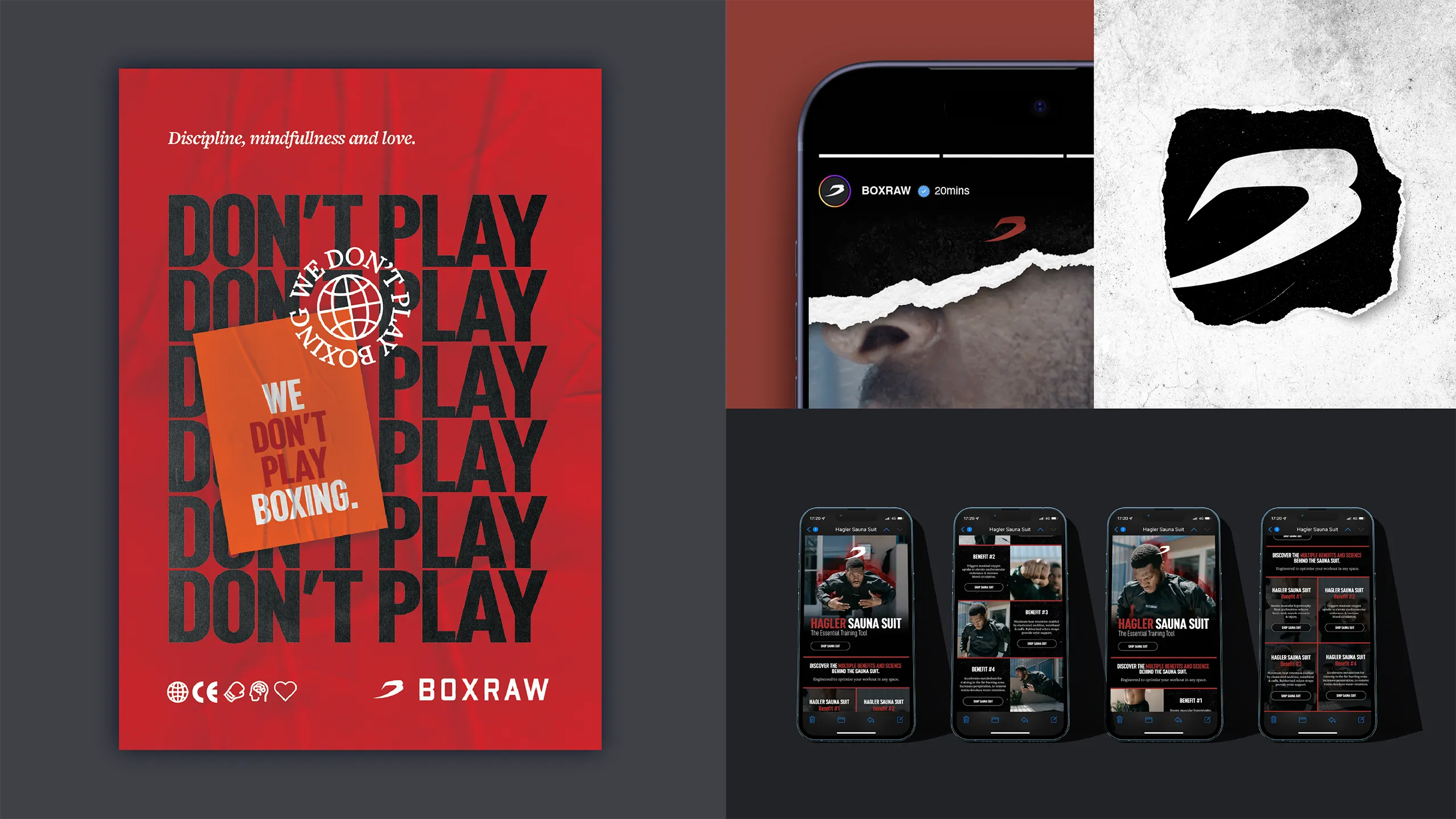 The &lsquo;Don&rsquo;t Play&rsquo; poster beside the BOXRAW logo mark and a row of dark mobile campaign screens.