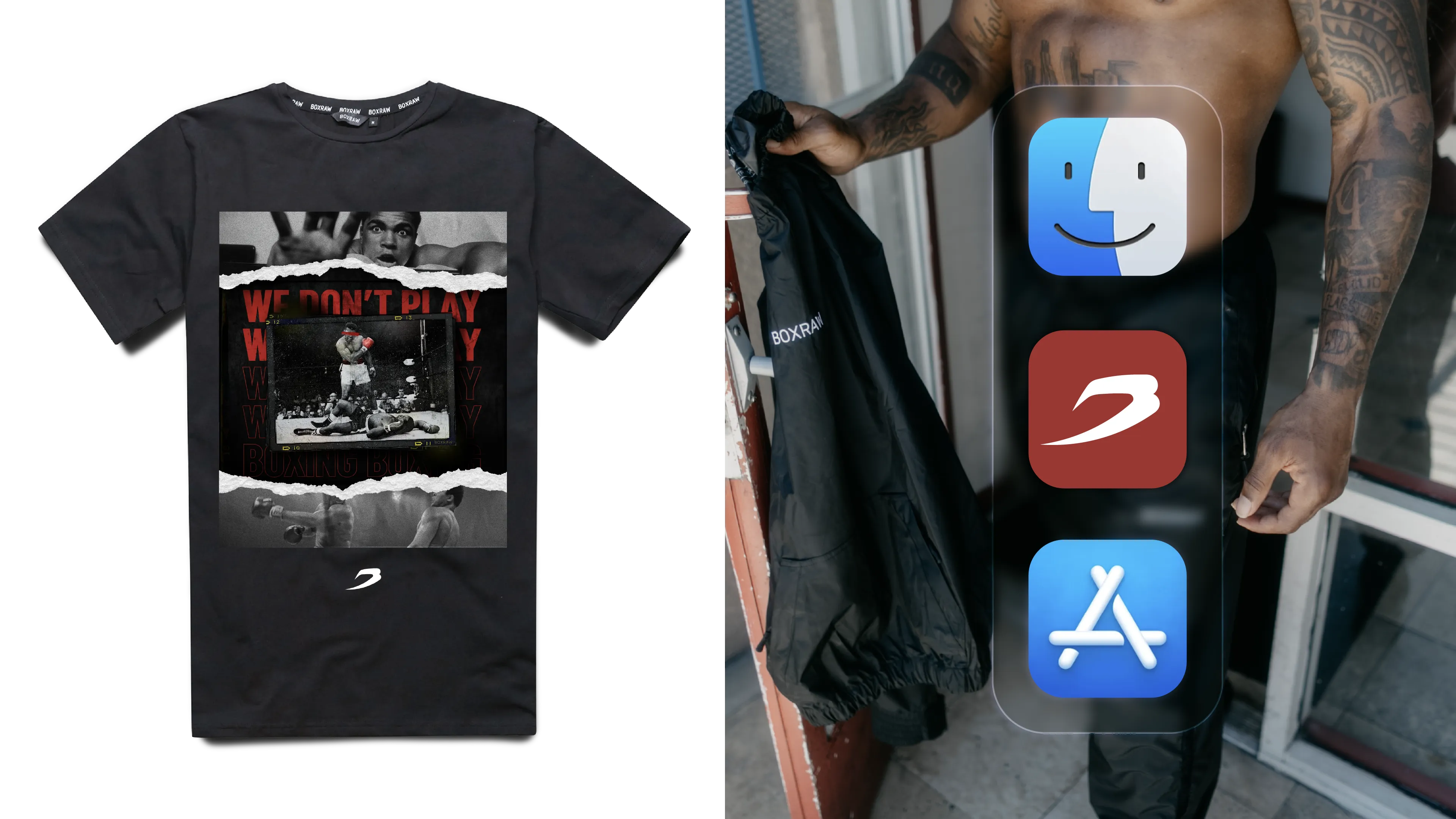 The &lsquo;We Don&rsquo;t Play Boxing&rsquo; T-shirt shown flat and being held, with app icons alongside.