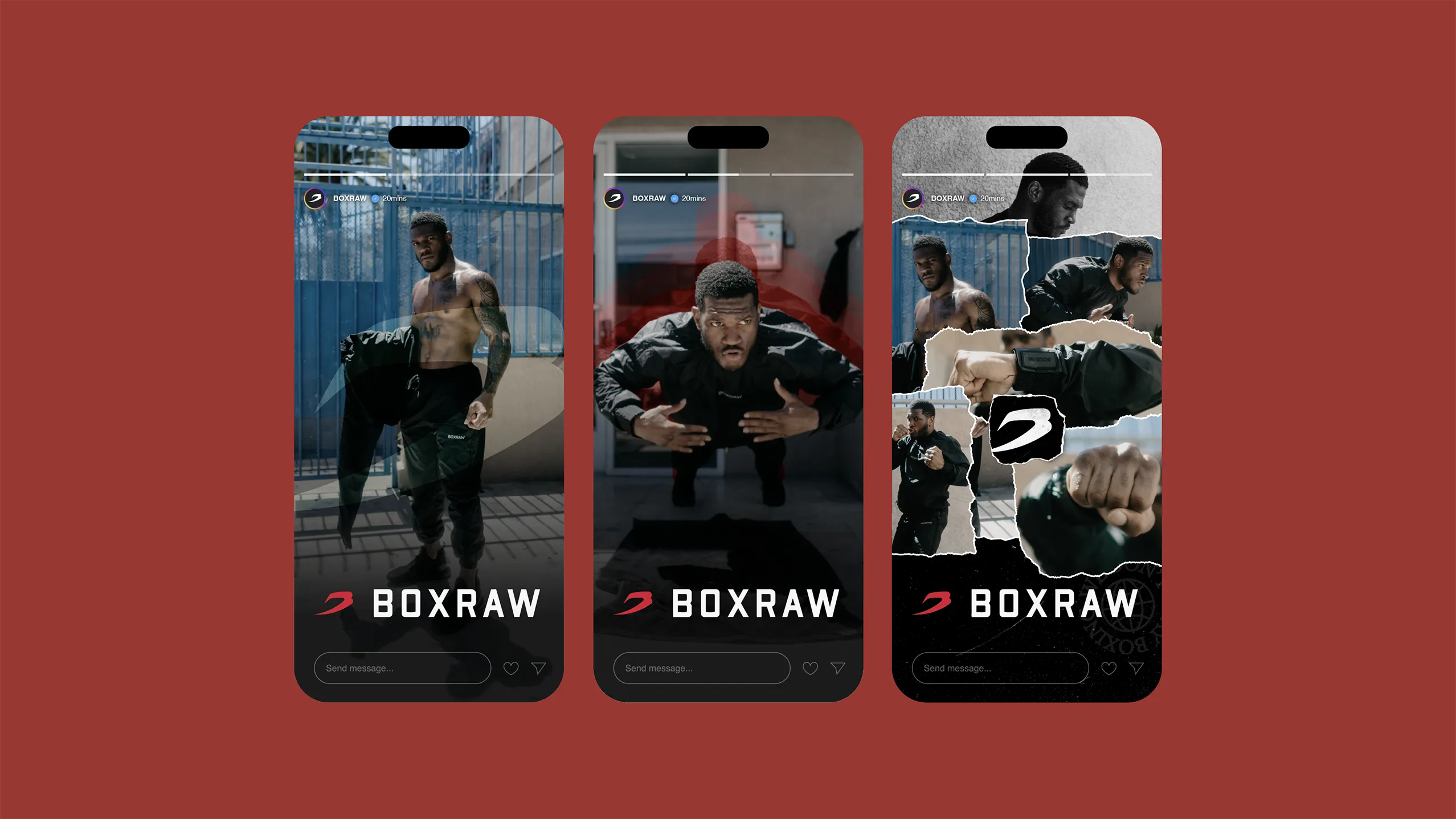 Three phones on brick red running the Hagler Sauna Suit story ads.