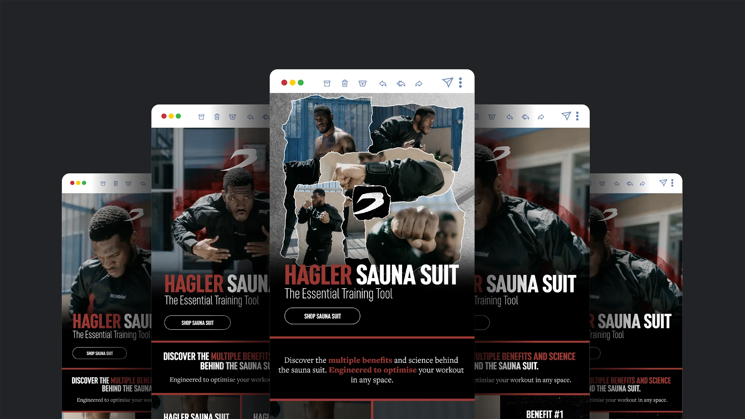 The Hagler Sauna Suit campaign email laid out across desktop and mobile screens.