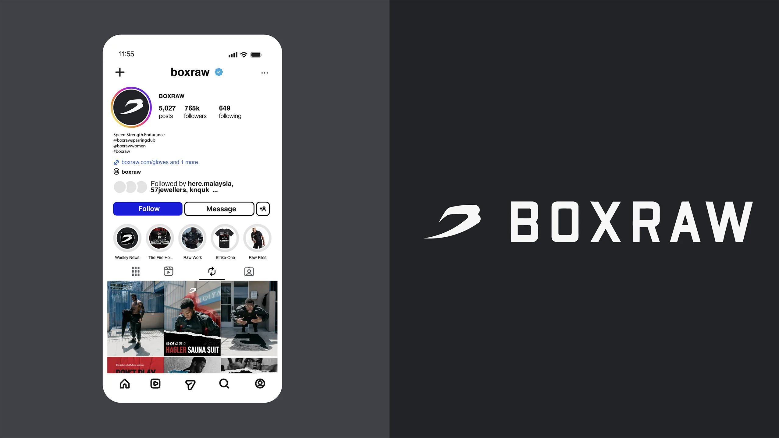 The BOXRAW Instagram profile on a phone, beside the BOXRAW logo on charcoal.