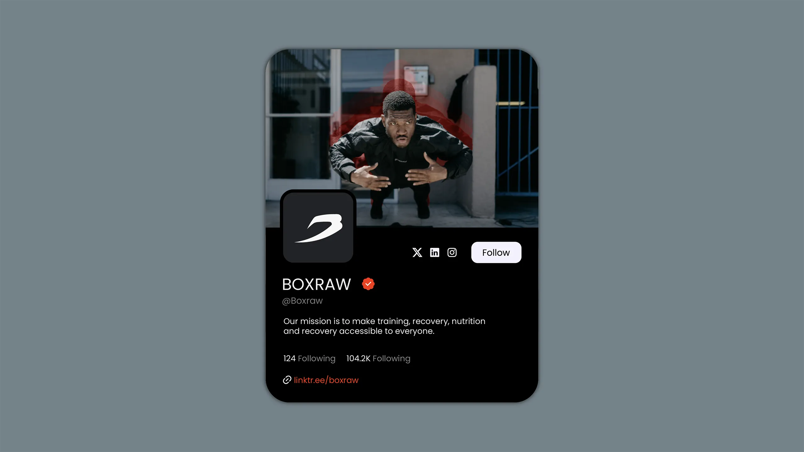 The BOXRAW profile card on X, shown on a slate background.