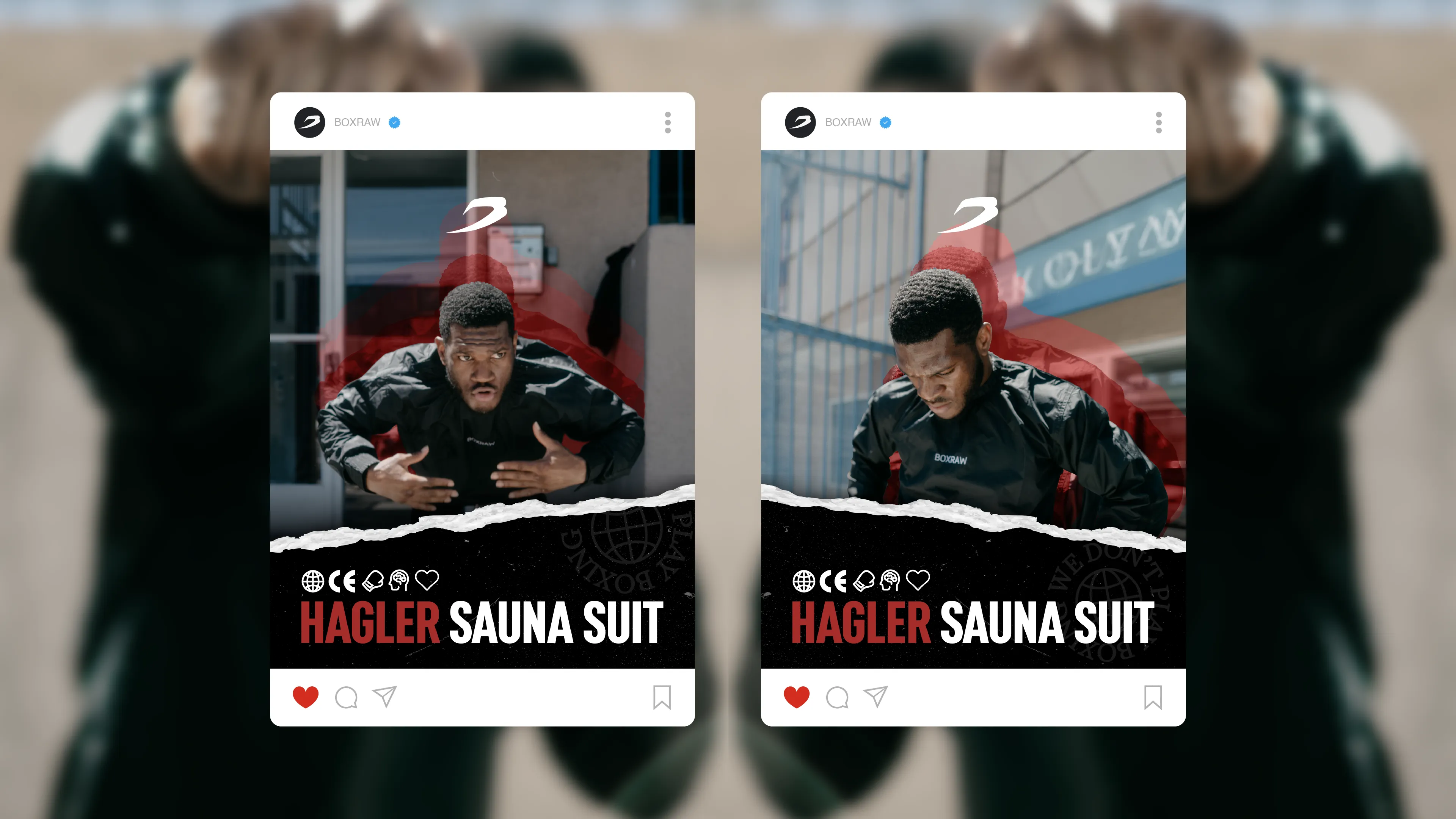 Two Hagler Sauna Suit posts side by side in the BOXRAW Instagram feed, over a blurred training shot.
