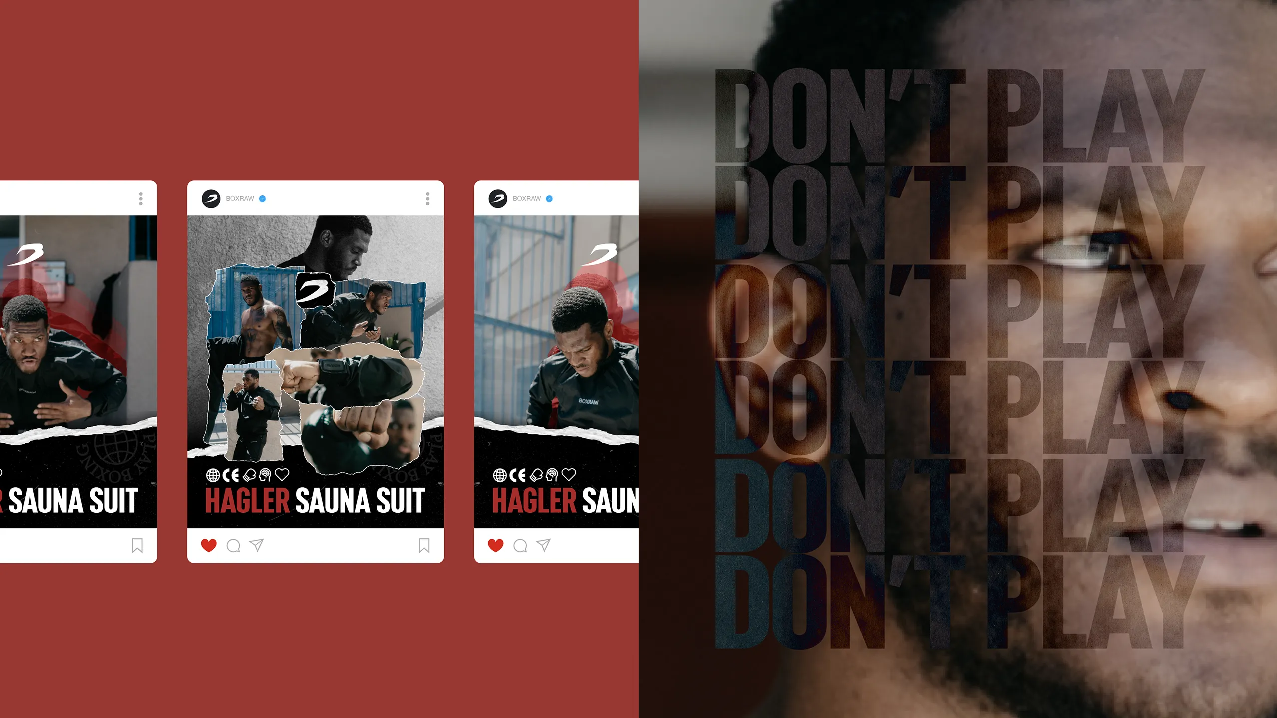 Instagram grid of Hagler Sauna Suit posts beside a repeating &lsquo;Don&rsquo;t Play&rsquo; type panel over a boxer&rsquo;s face.