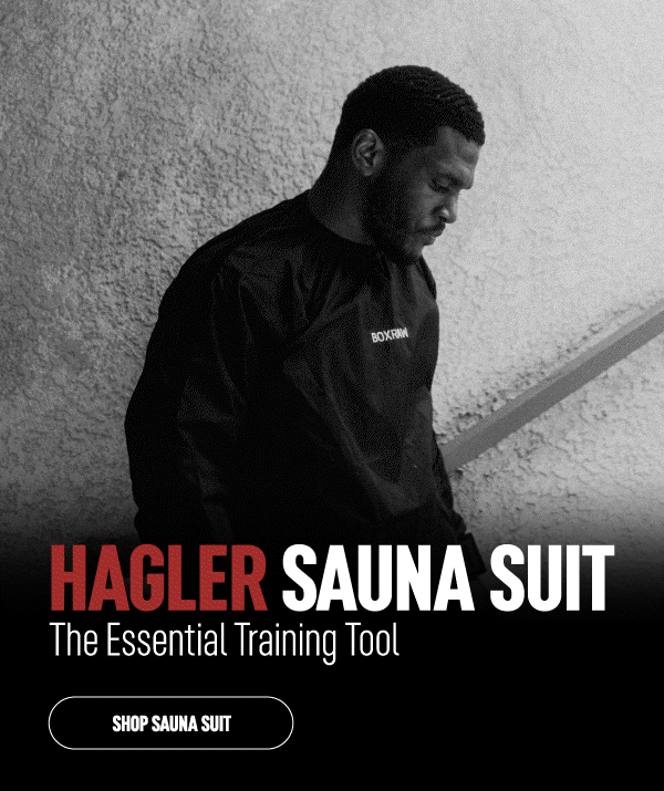 Animated black-and-white Hagler Sauna Suit story ad — a boxer resting against a concrete wall.