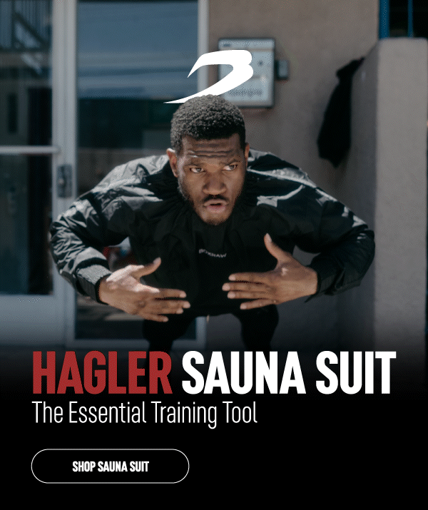 Animated Hagler Sauna Suit story ad — a boxer in a black sauna jacket above a &lsquo;Shop Sauna Suit&rsquo; button.