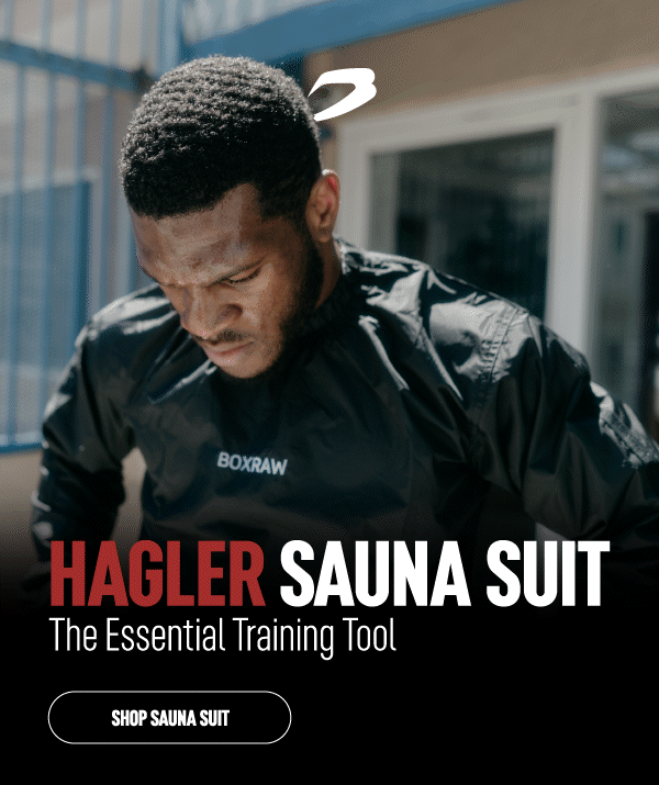 Animated Hagler Sauna Suit story ad — a boxer catching his breath in a BOXRAW jacket.