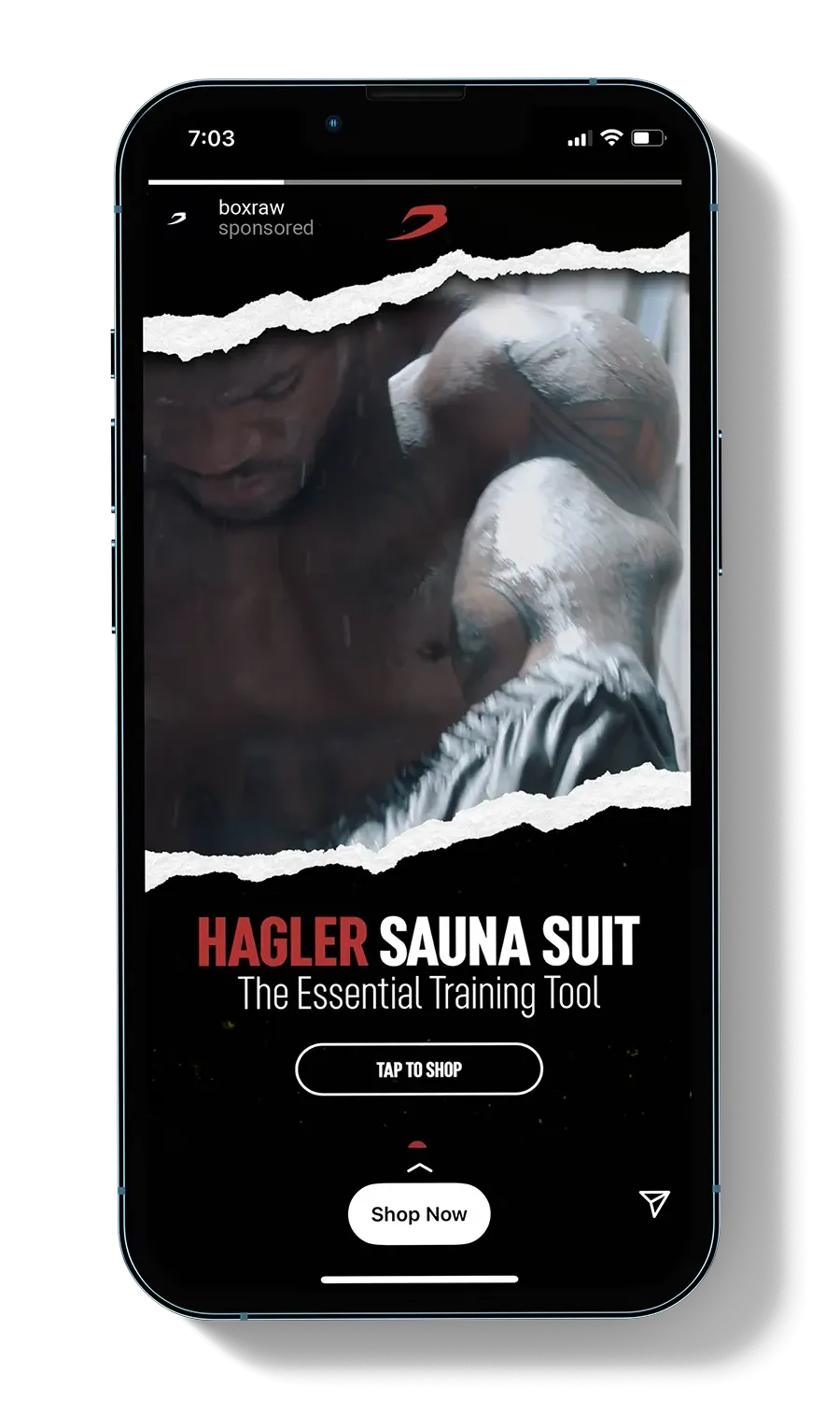 Phone showing the Hagler Sauna Suit story ad, a boxer resting on the ropes.
