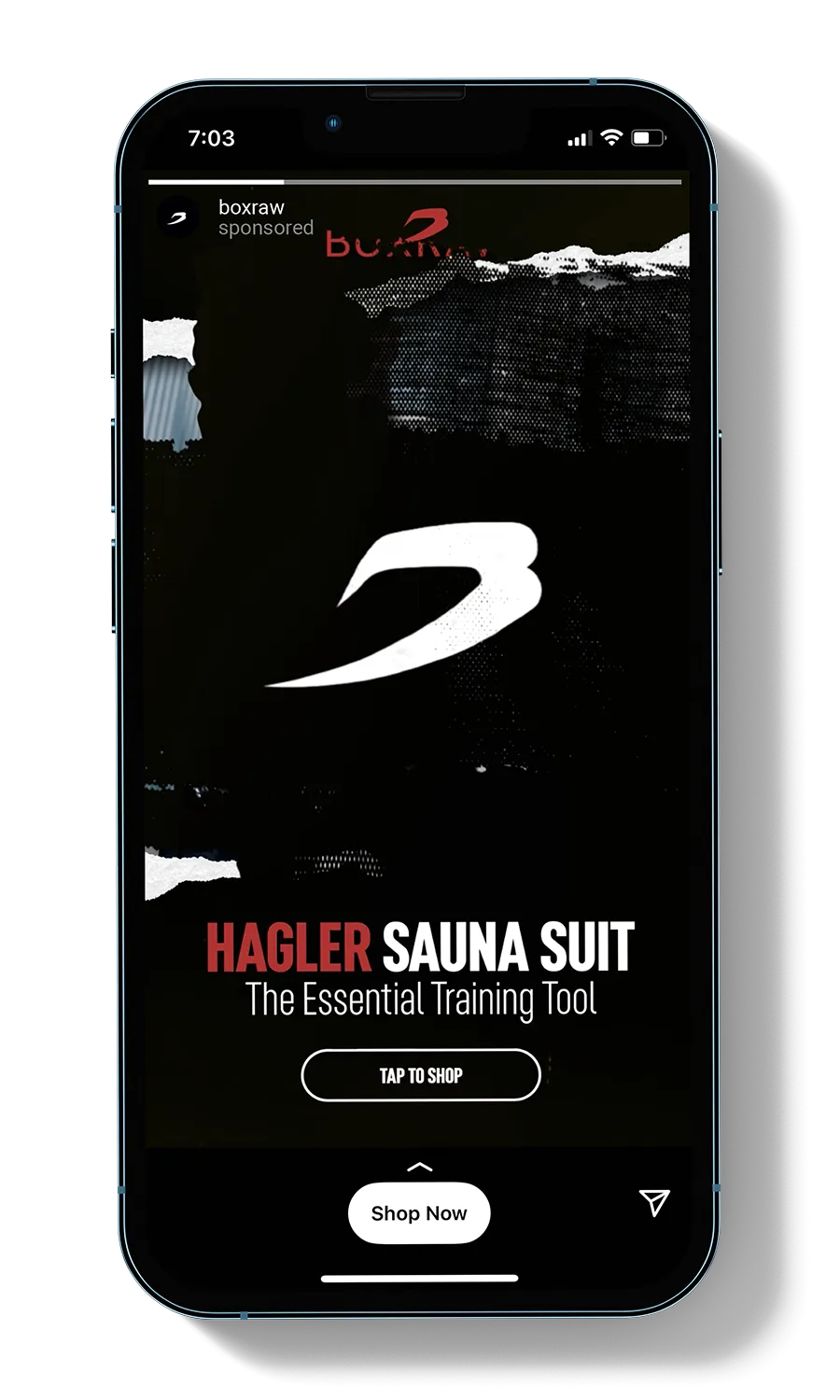 Phone showing the Hagler Sauna Suit story ad opening on the BOXRAW mark.