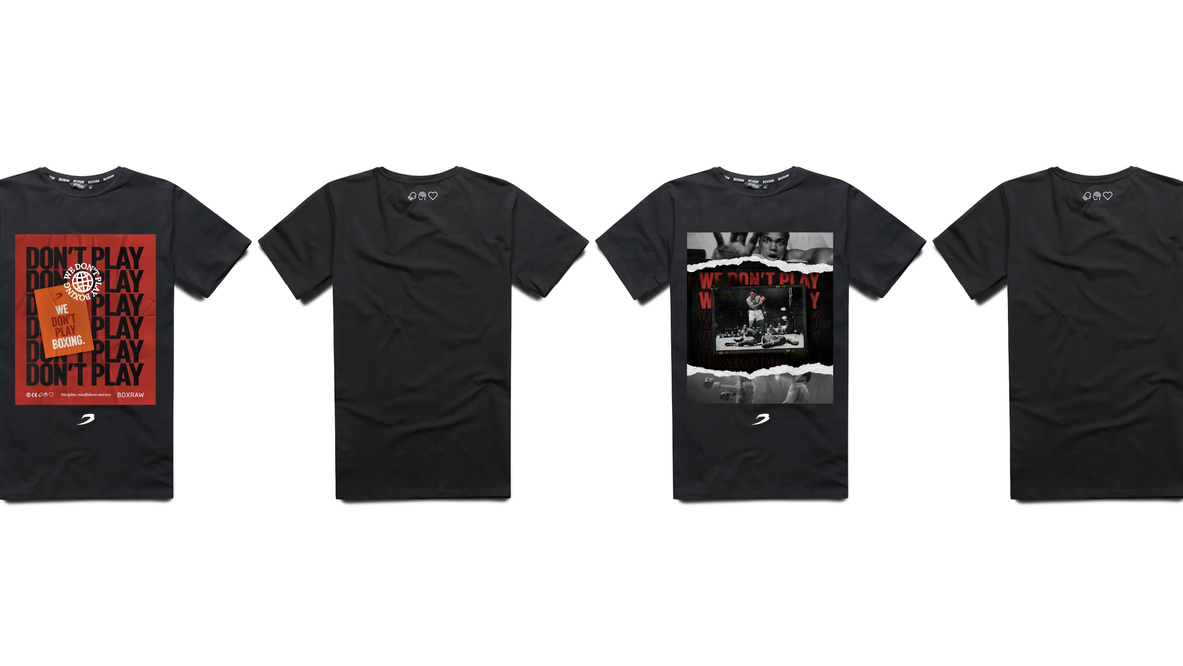 The black graphic T-shirt lined up against white beside the &lsquo;Don&rsquo;t Play&rsquo; poster.