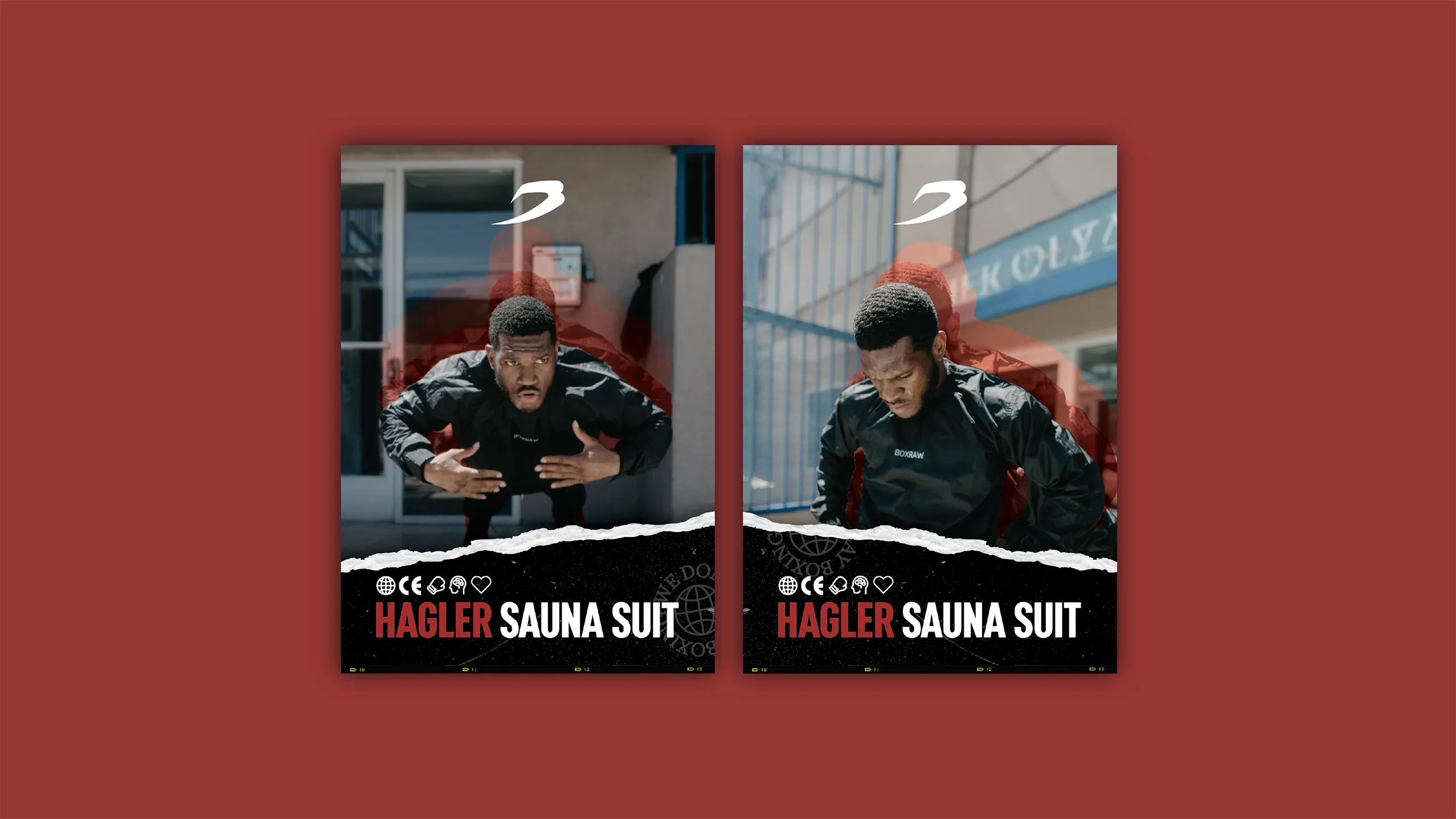 Two Hagler Sauna Suit story ads side by side on brick red.