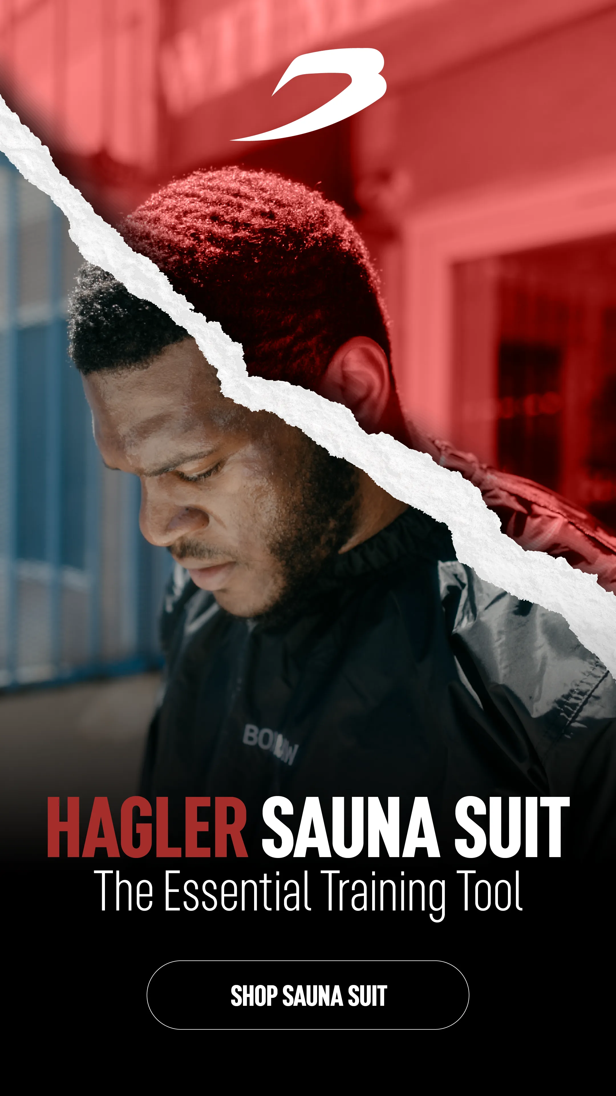 Hagler Sauna Suit story ad — a boxer in a red-lit doorway above a Shop Sauna Suit button.