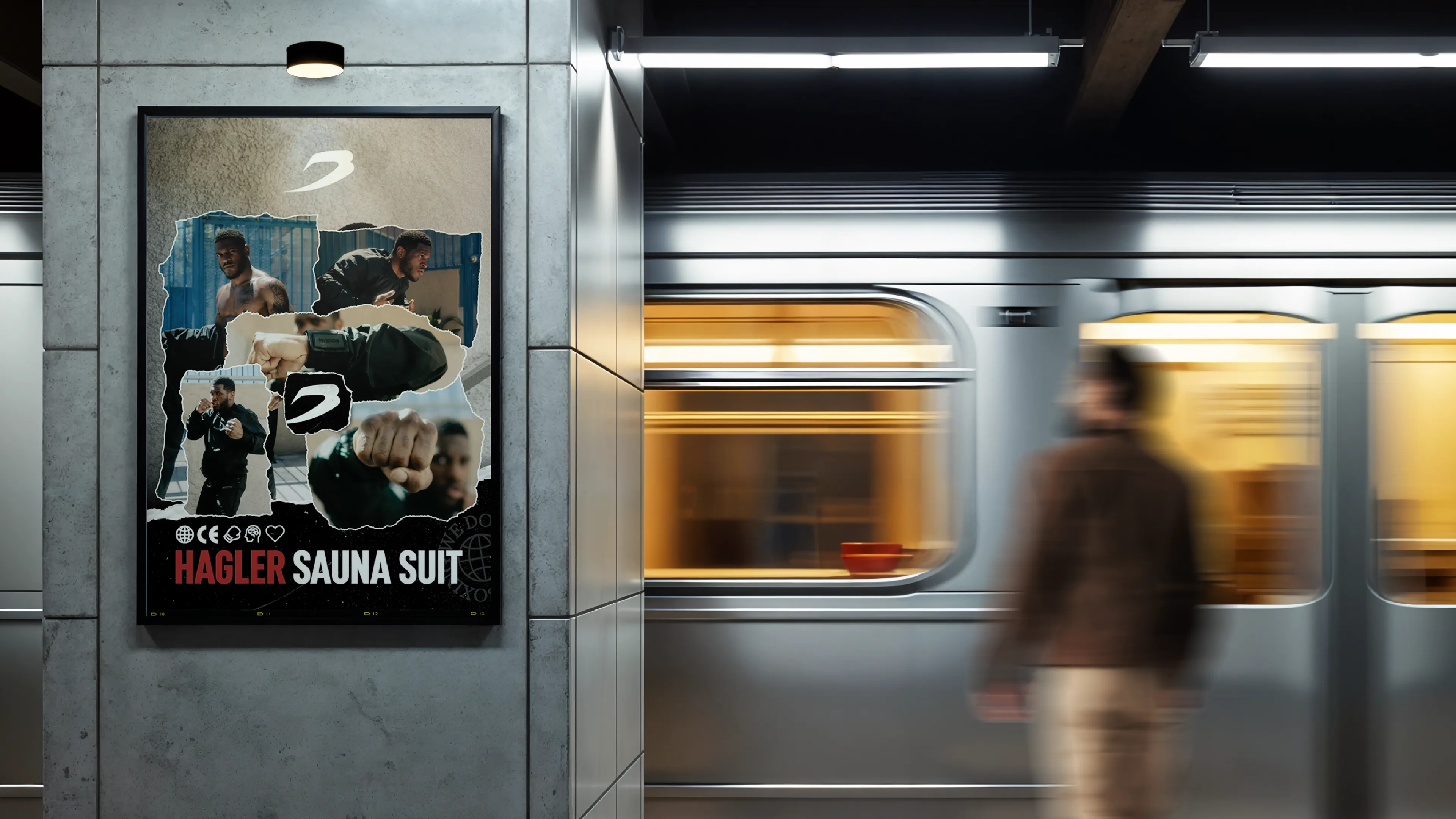 Hagler Sauna Suit poster on a station platform wall, a train and commuter blurred past.