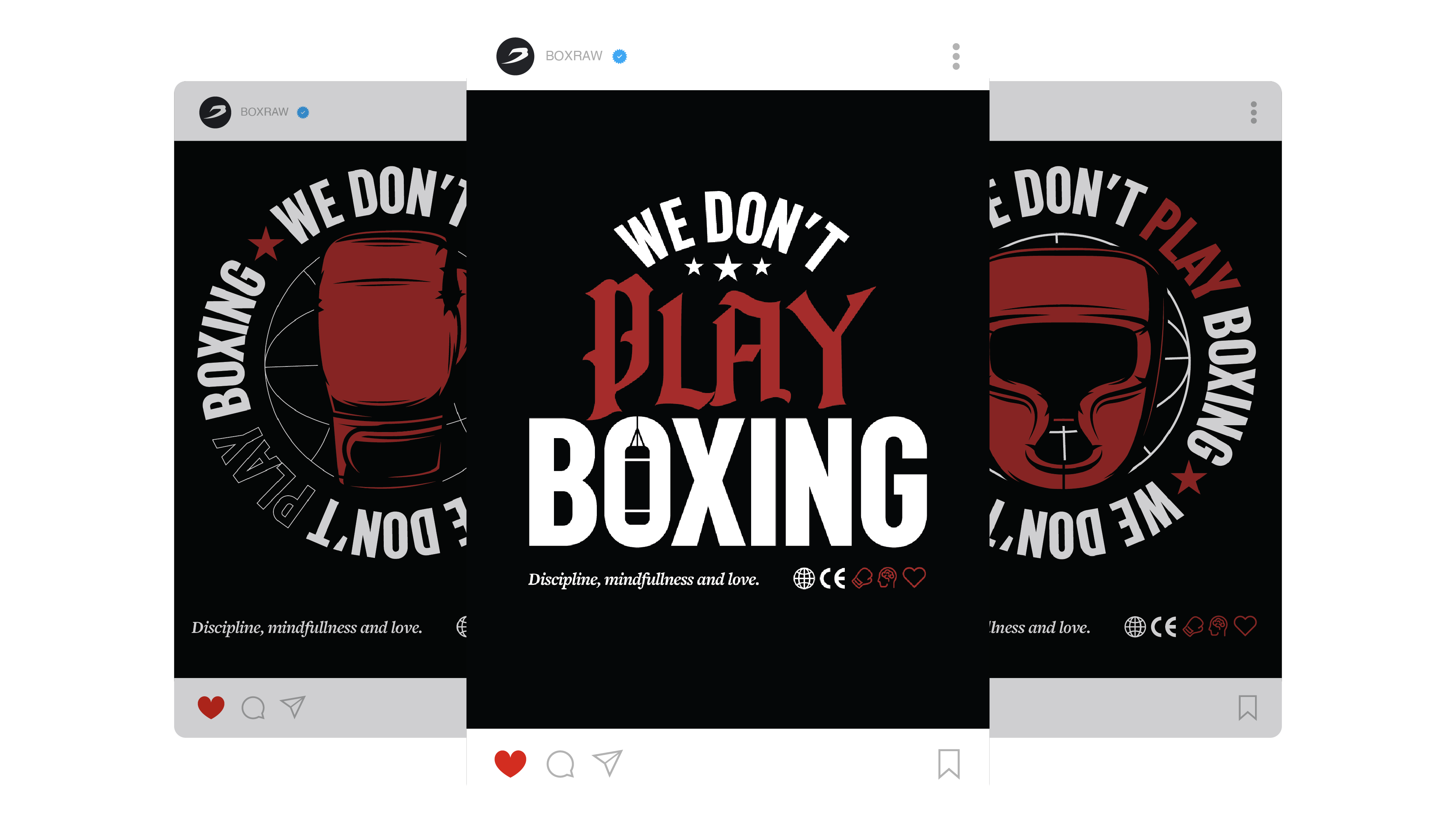 Instagram posts of the &lsquo;We Don&rsquo;t Play Boxing&rsquo; boxing-glove roundel graphic.