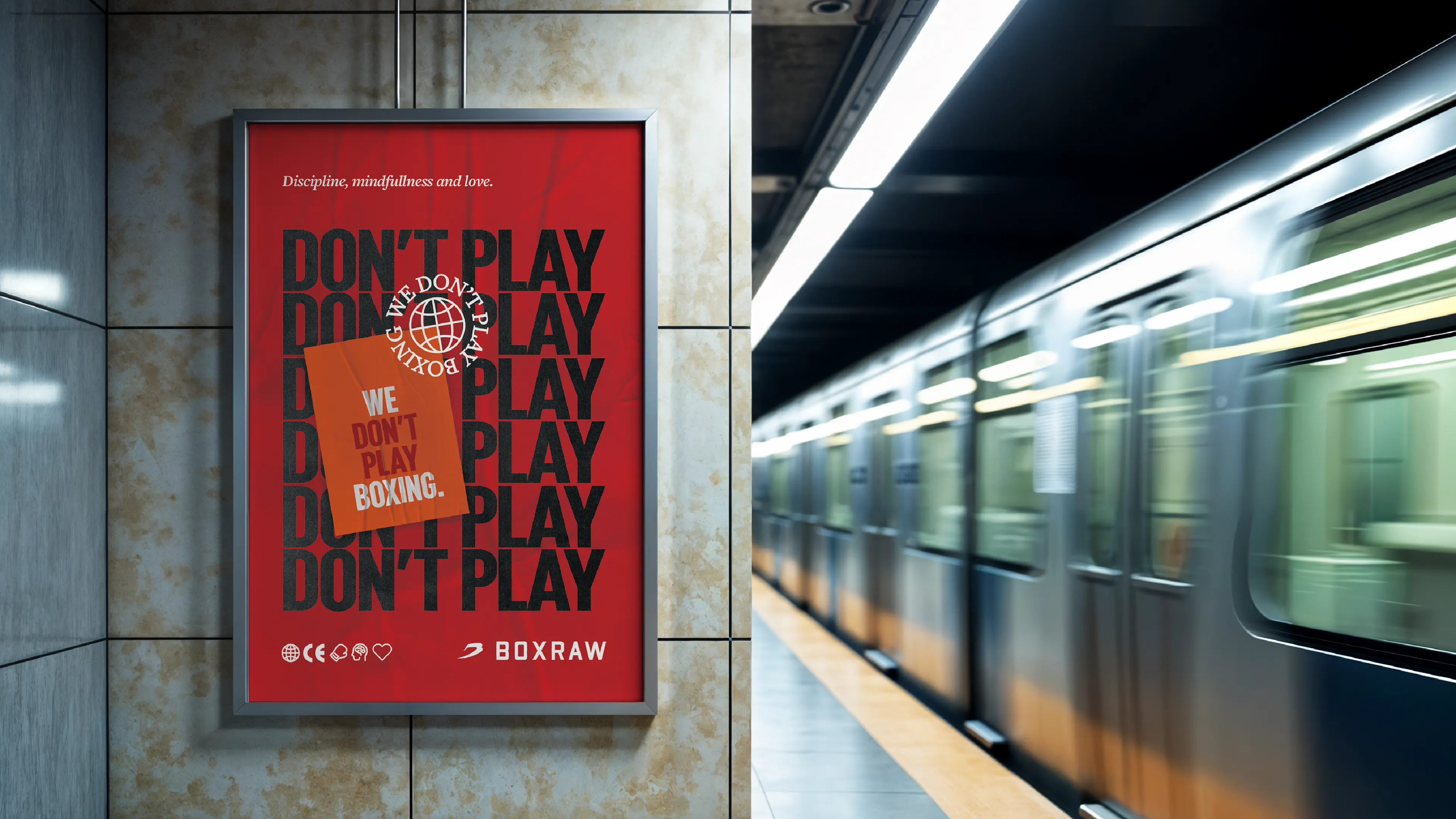 &lsquo;Don&rsquo;t Play&rsquo; poster on a tiled Underground station wall as a train blurs past.