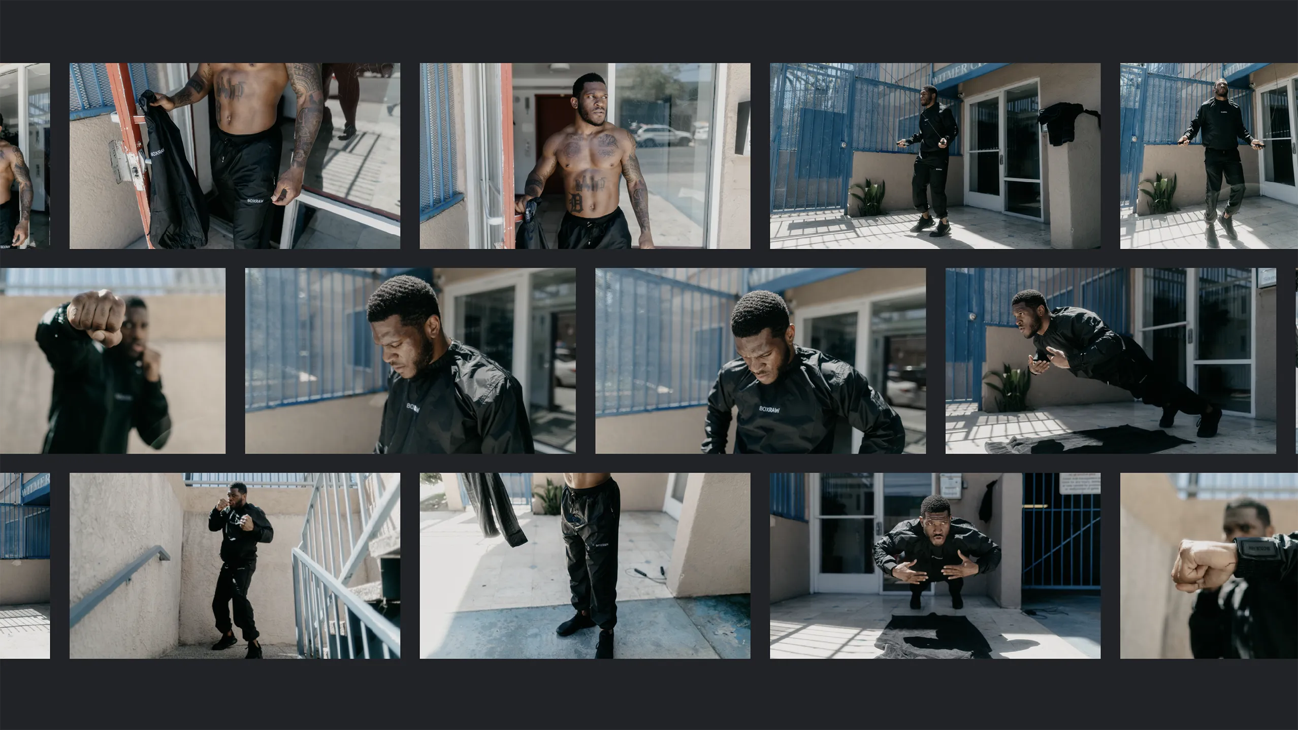 Contact sheet of campaign photography — boxers skipping, shadow-boxing and training outdoors.