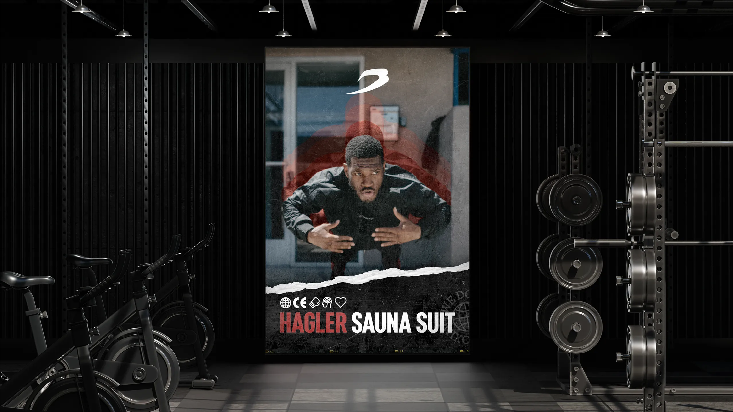Hagler Sauna Suit campaign screen inside a dark gym, weight plates and a bike alongside.