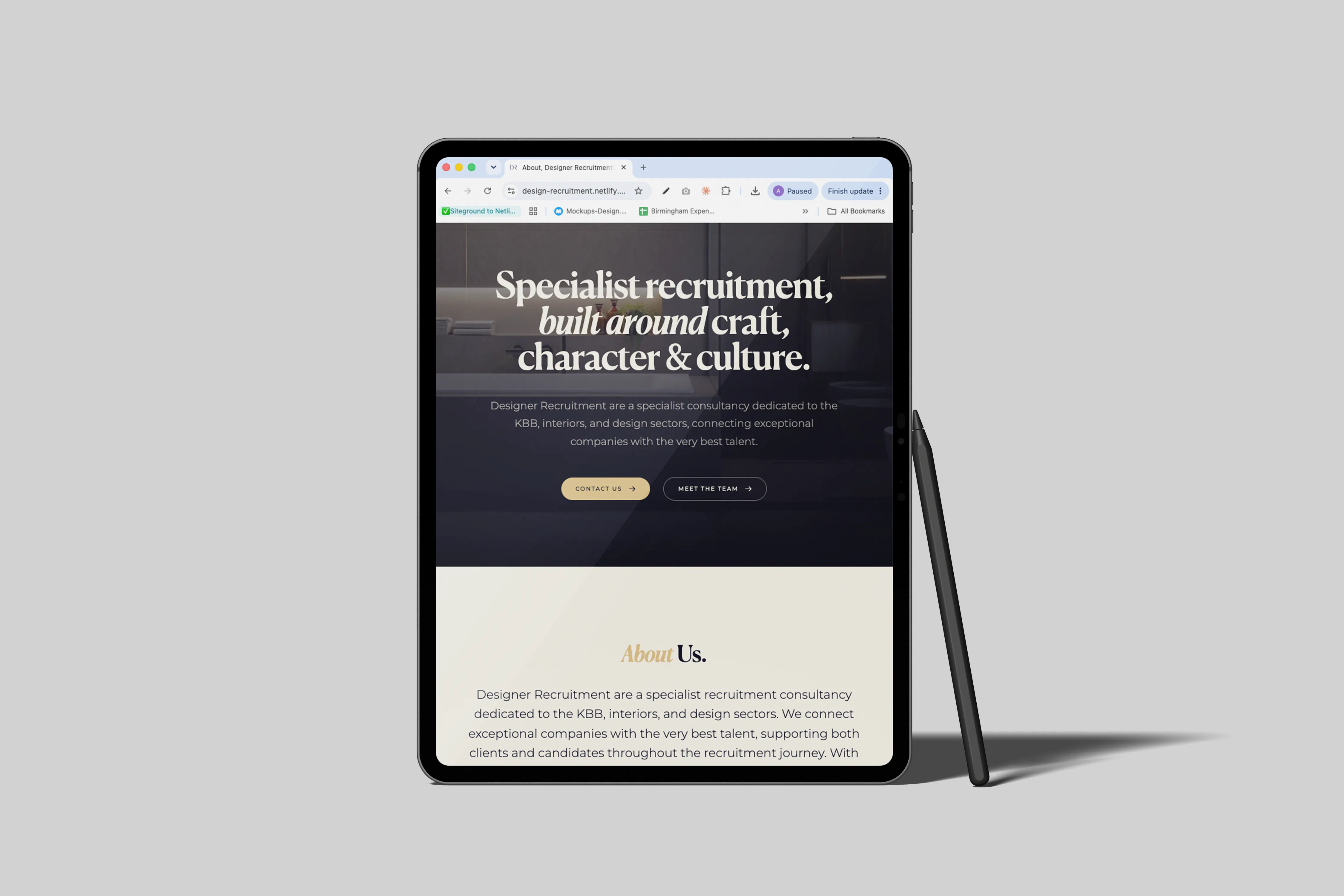 Designer Recruitment homepage shown on a tablet