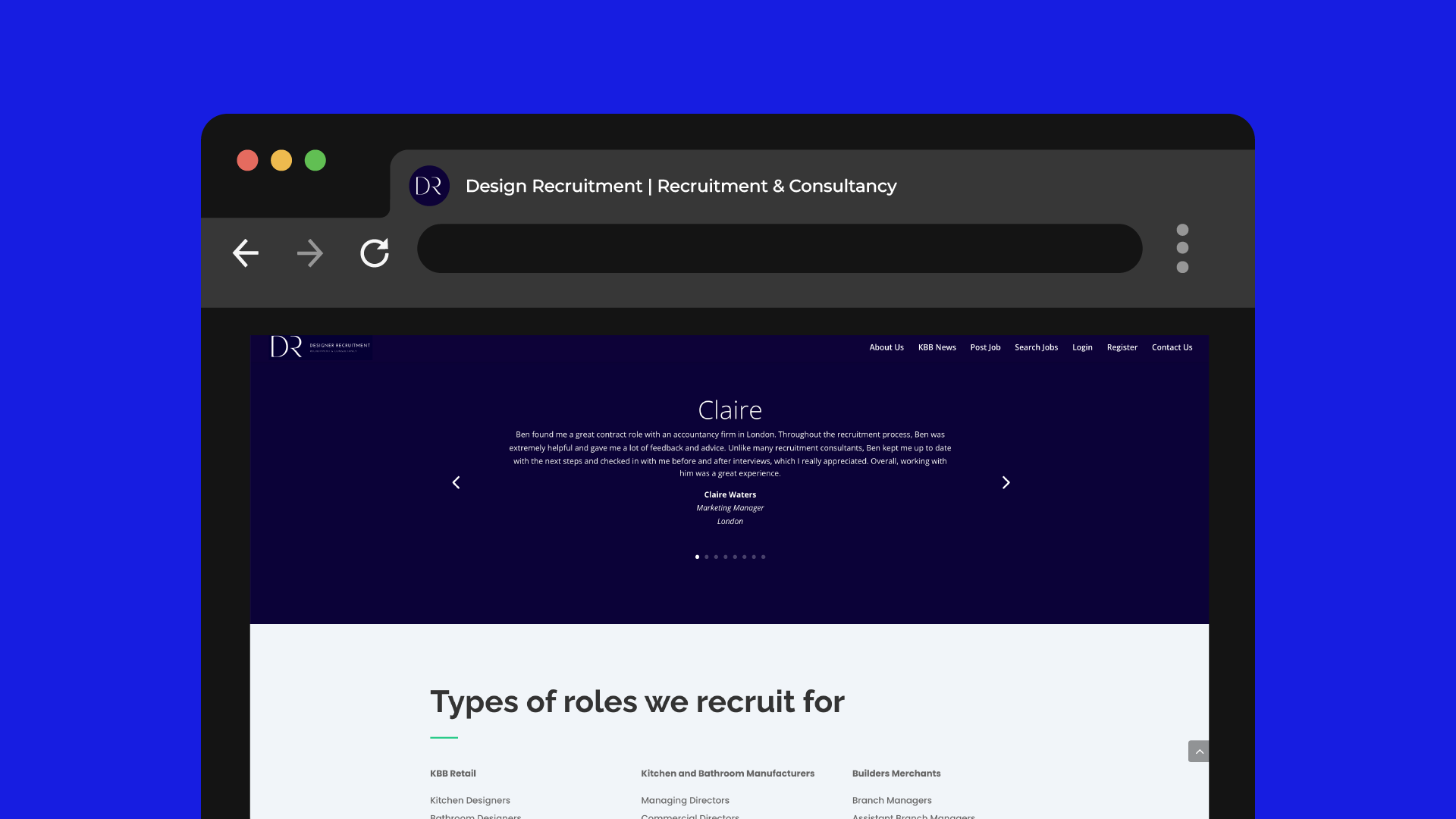 Previous Designer Recruitment website — testimonials and roles