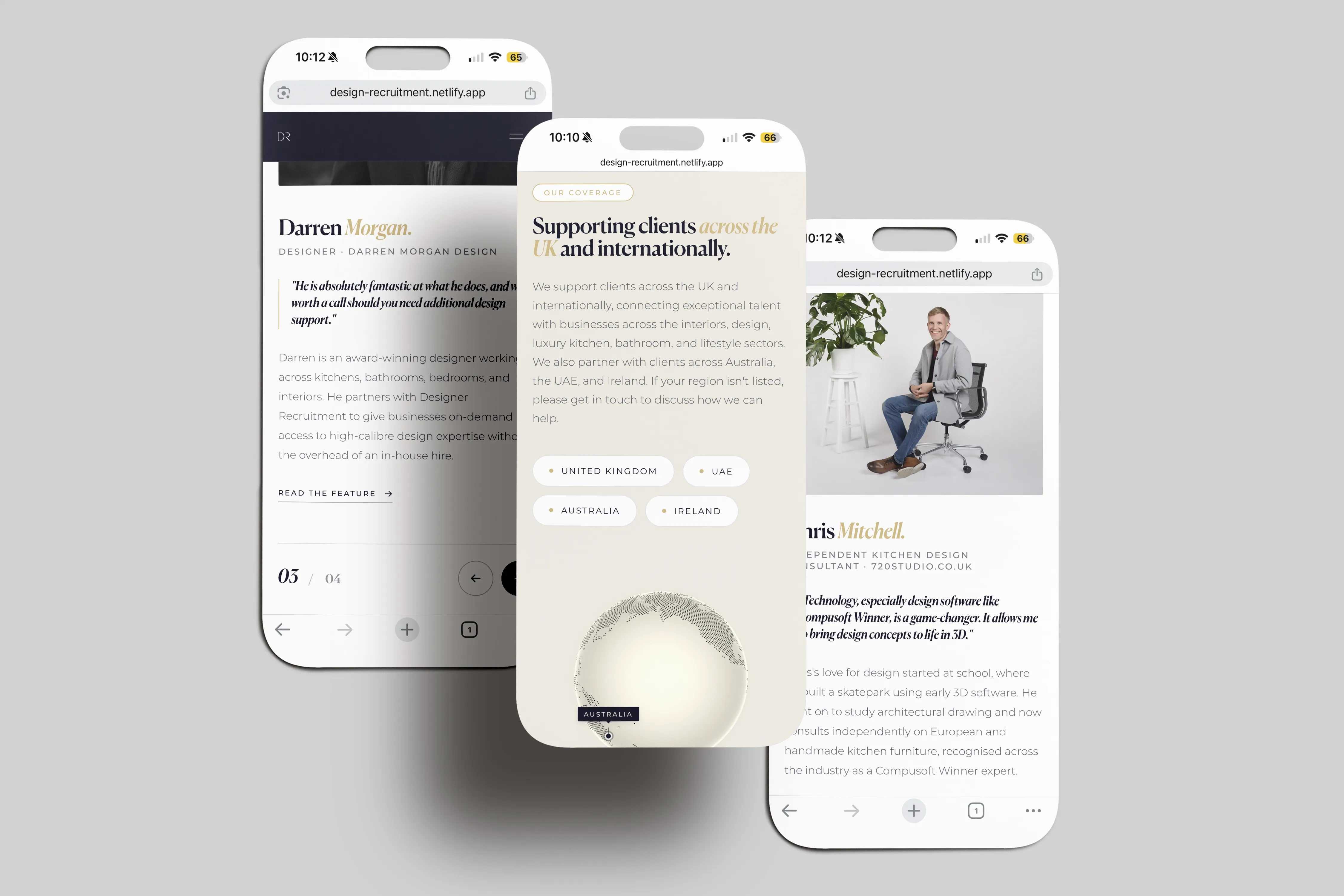 Testimonials and international coverage screens on mobile