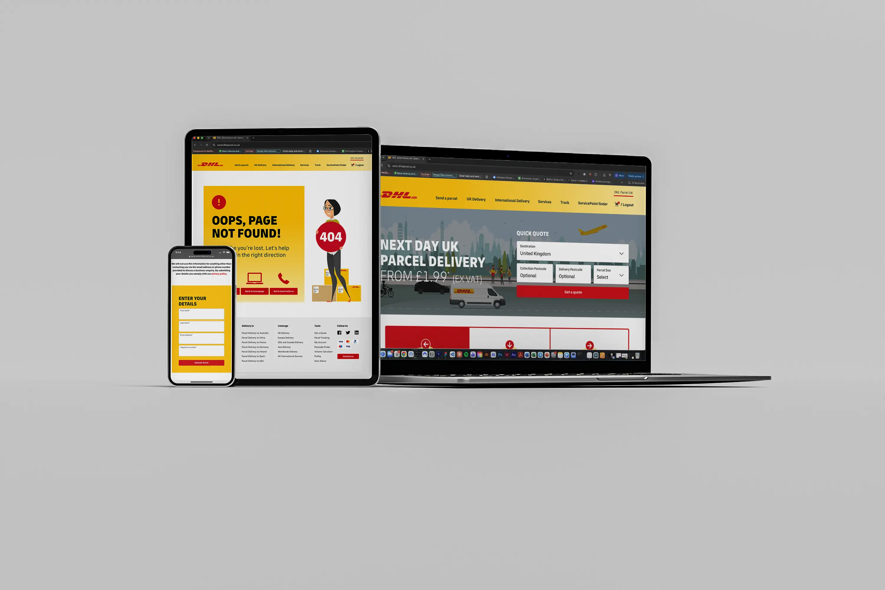 Redesigned Send DHL Parcel UK experience shown across phone, tablet and laptop