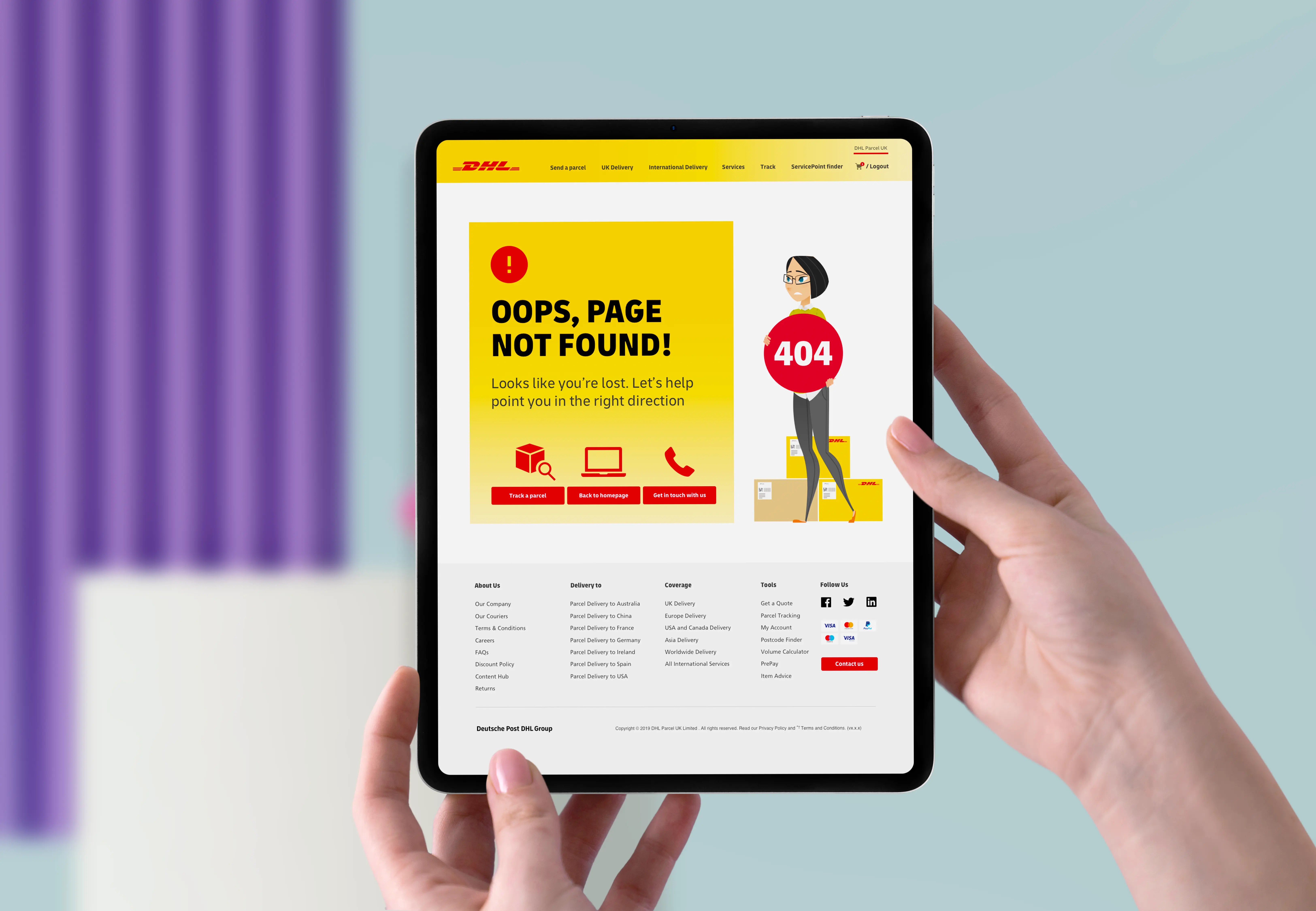Illustrated 404 page shown on a tablet