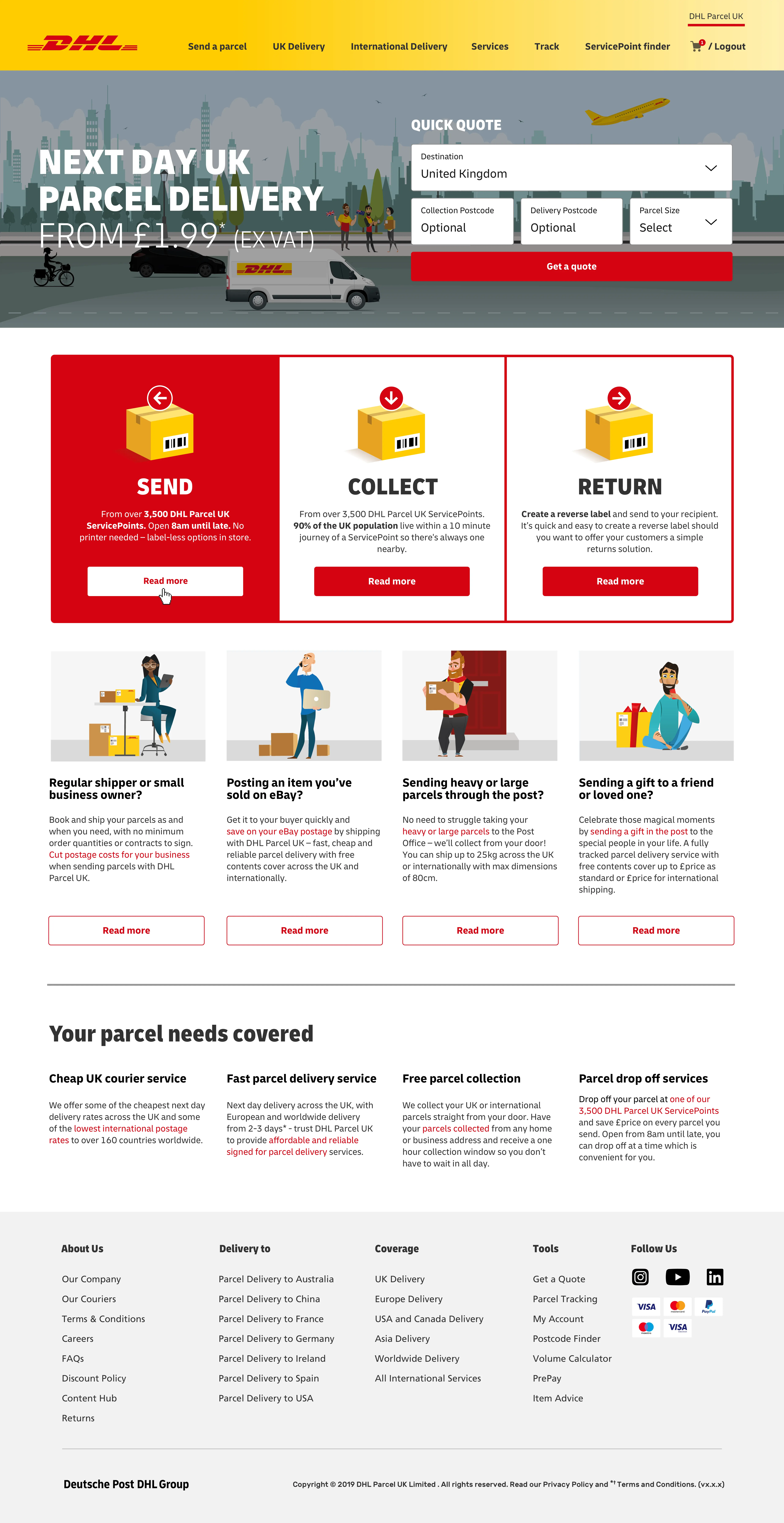 Redesigned home page prioritising the Send a Parcel task above secondary content