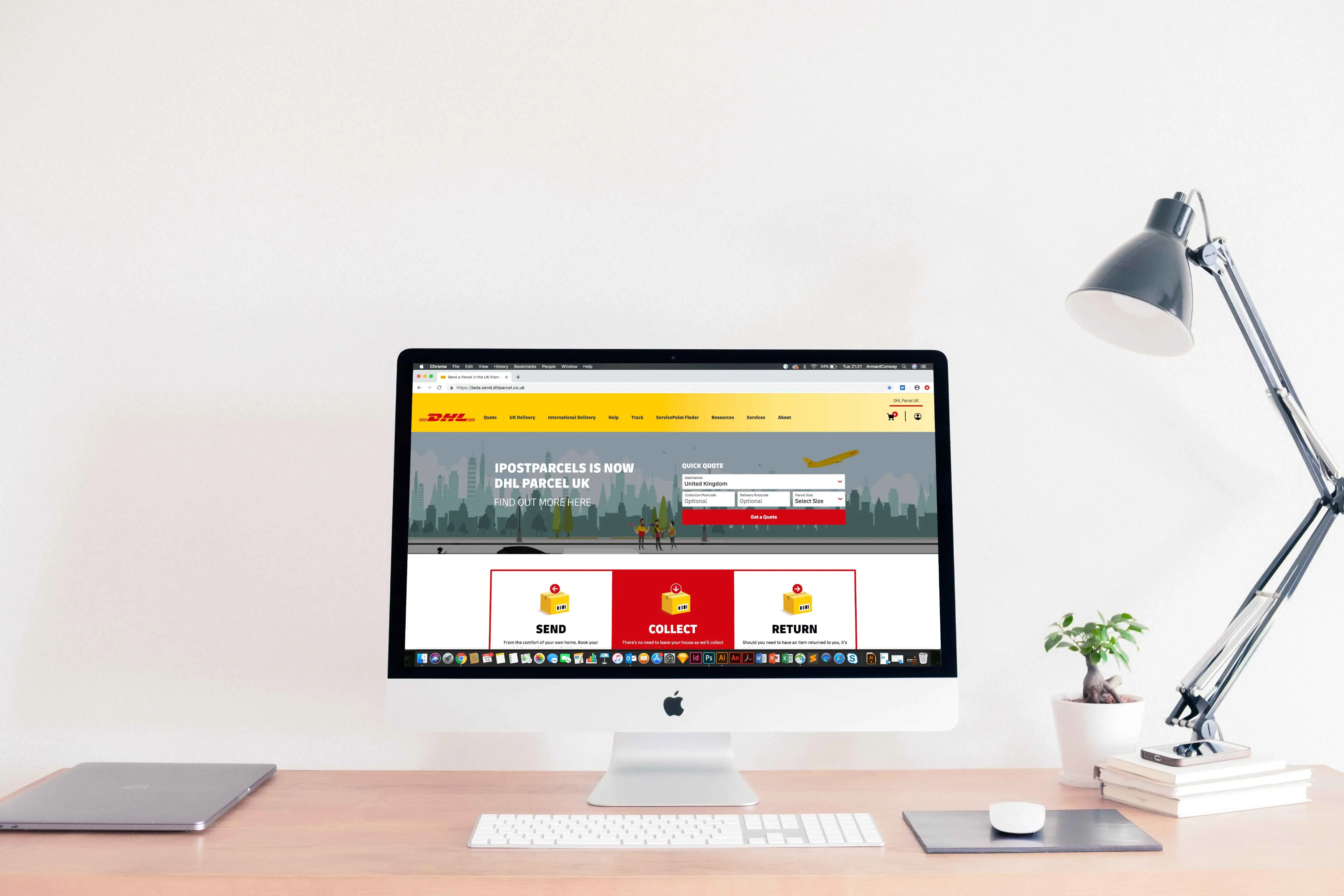 Send DHL Parcel UK homepage shown on a desktop computer