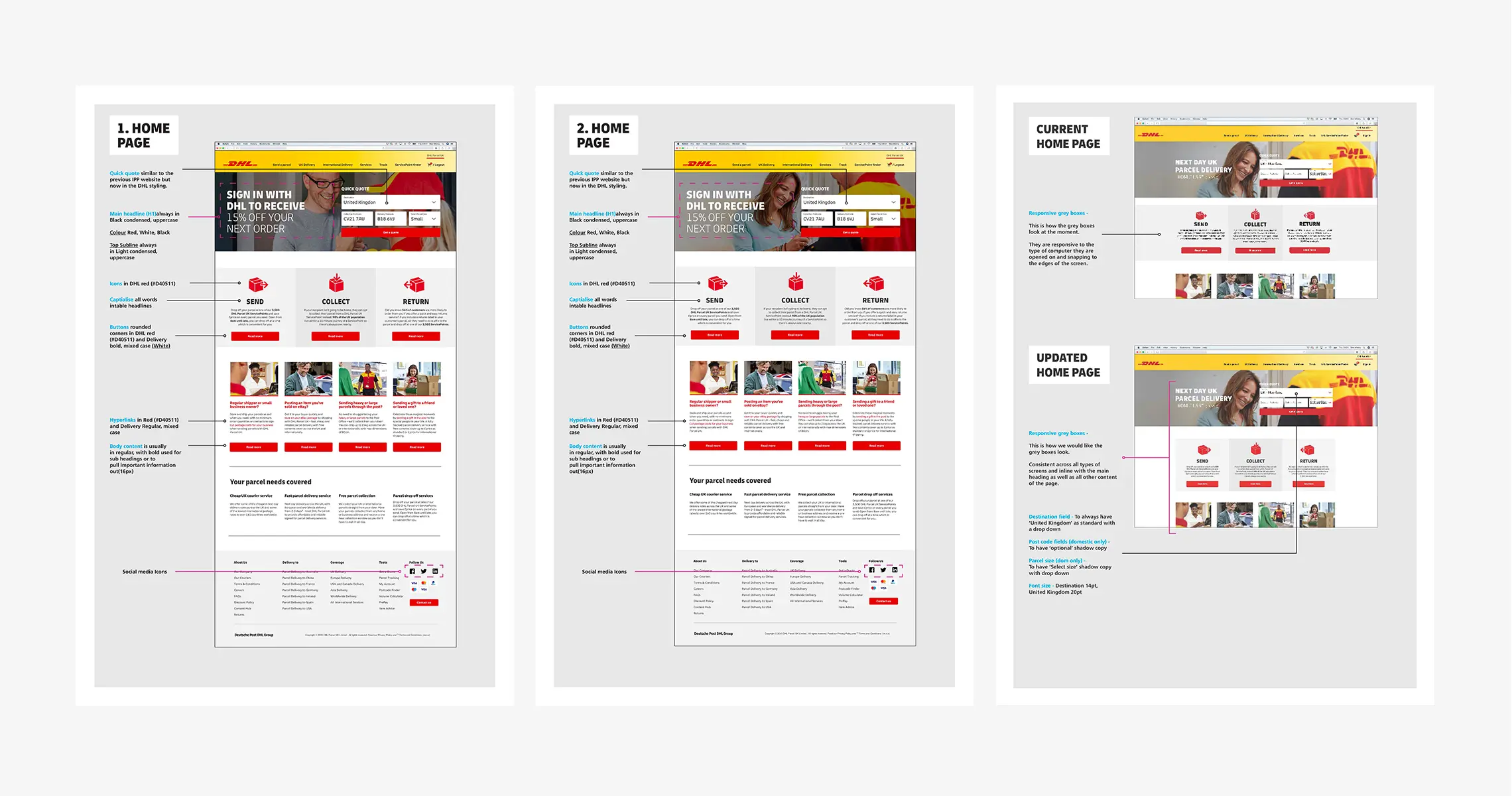 Before-and-after comparison of the iPost Parcels home page layout