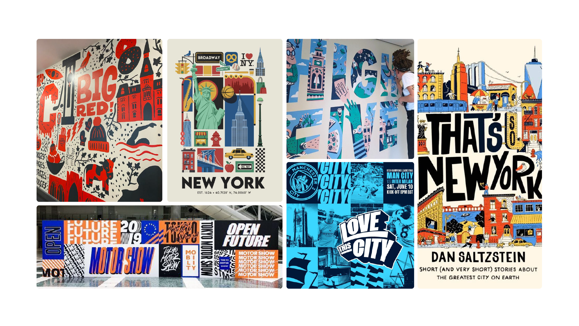 Moodboard of bold typographic and street-art references in red, blue and cream, including New York poster art and hand-painted lettering