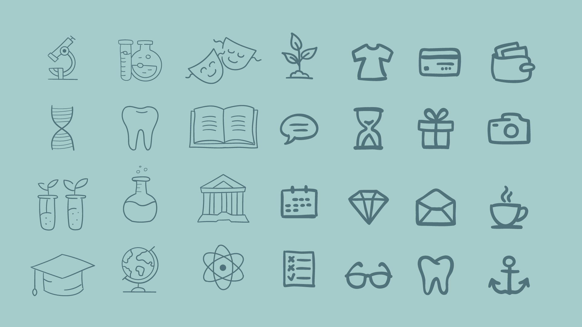 Grid of hand-drawn doodle icons — microscope, test tubes, theatre masks, seedling, open book, hourglass, graduation cap, globe and camera