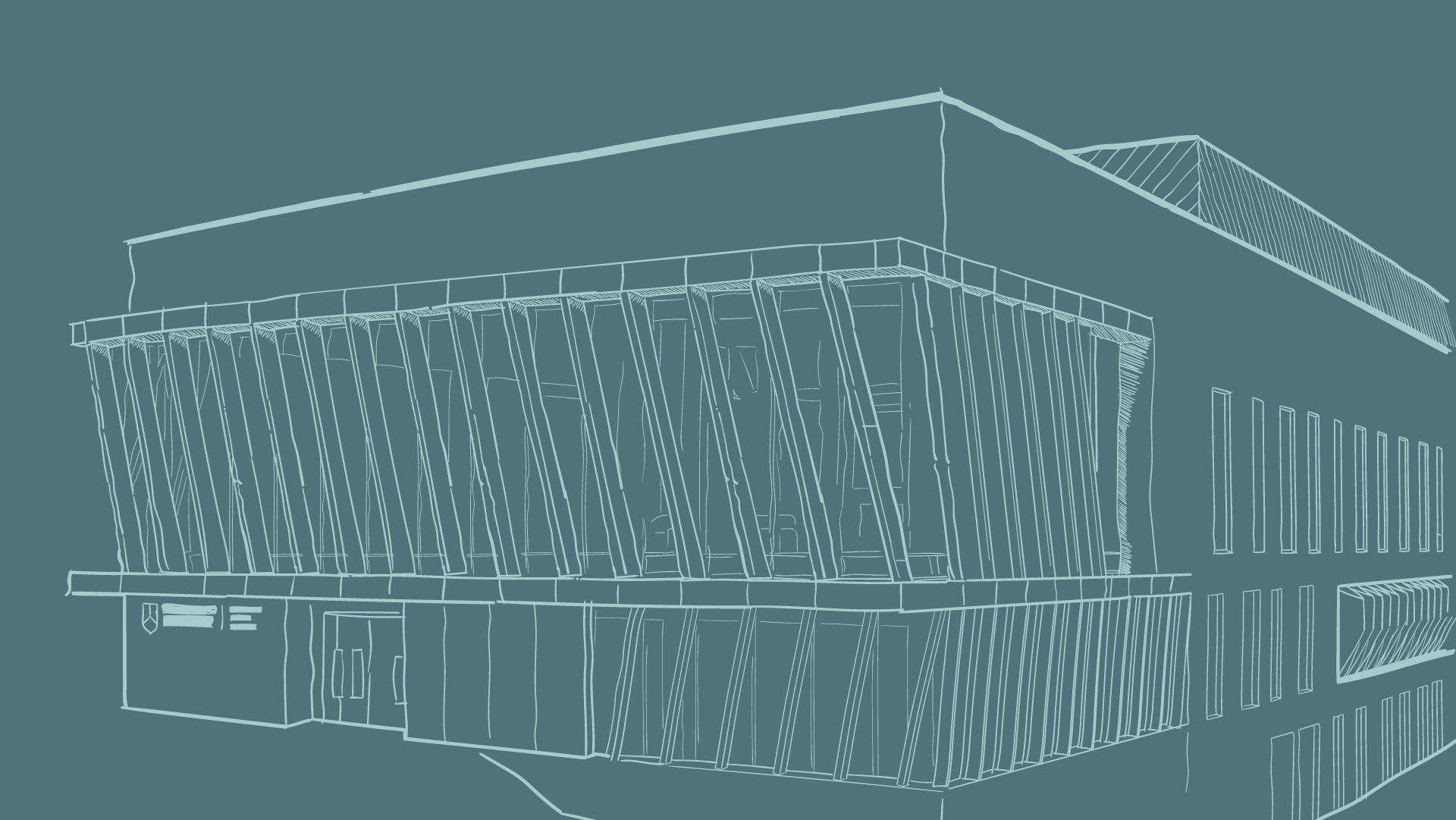 Blue line illustration of a University of Birmingham building drawn in a single-weight outline style