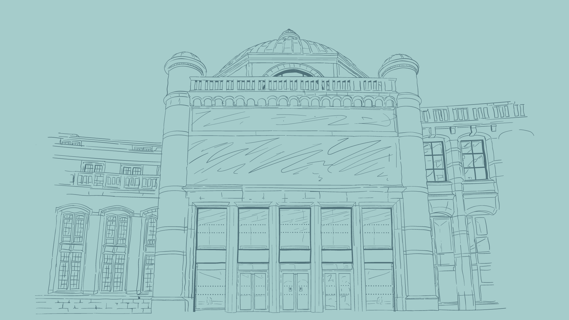 Blue line illustration of a University building facade drawn in a single-weight outline style