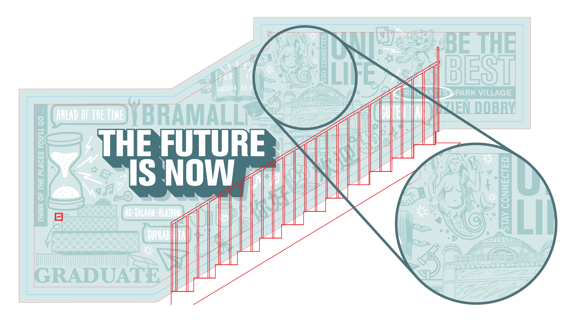 Stairwell artwork plan reading 'The future is now', with magnified callouts showing the illustration layer in detail