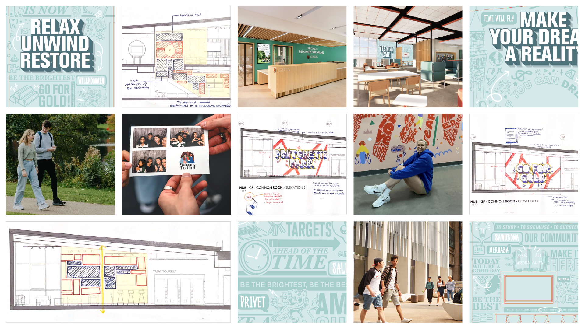 Contact sheet of wall graphic concepts alongside photographs of the finished installation