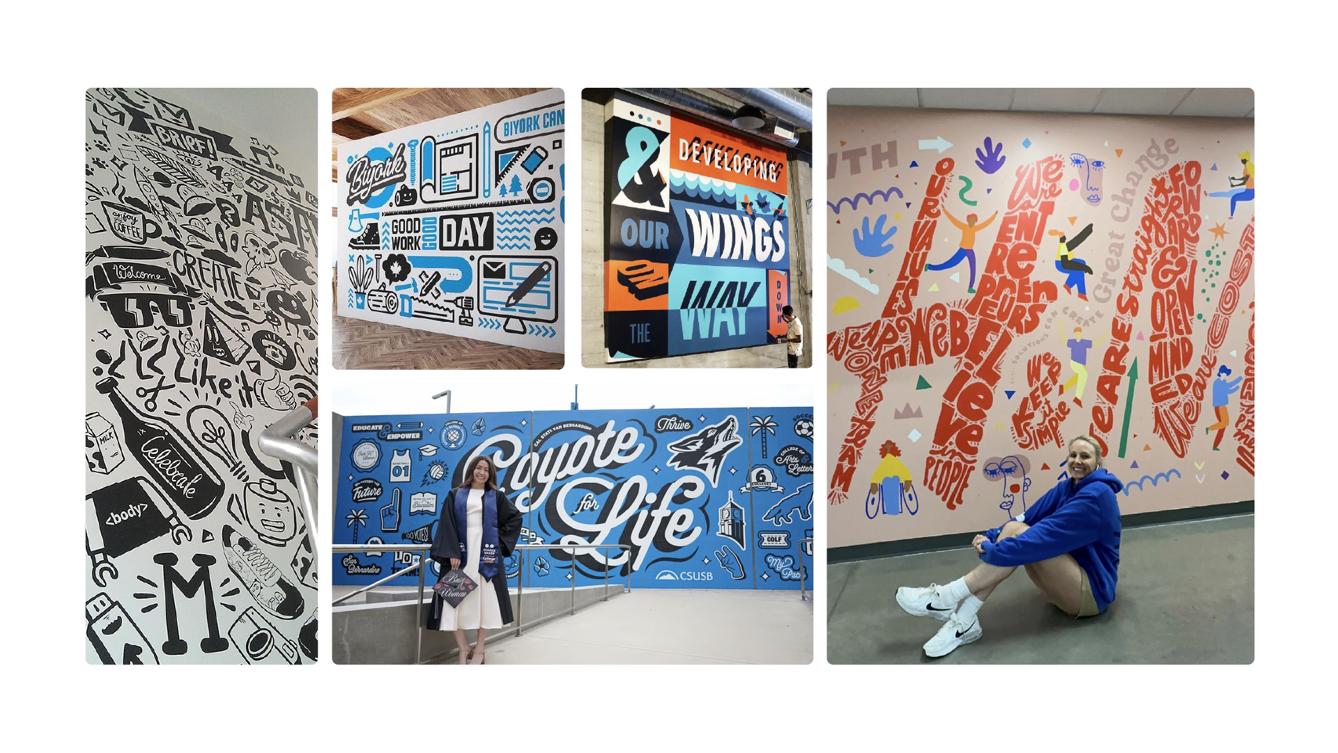 Photographs of installed doodle-style wall graphics, including a 'People Life' mural and students using the space