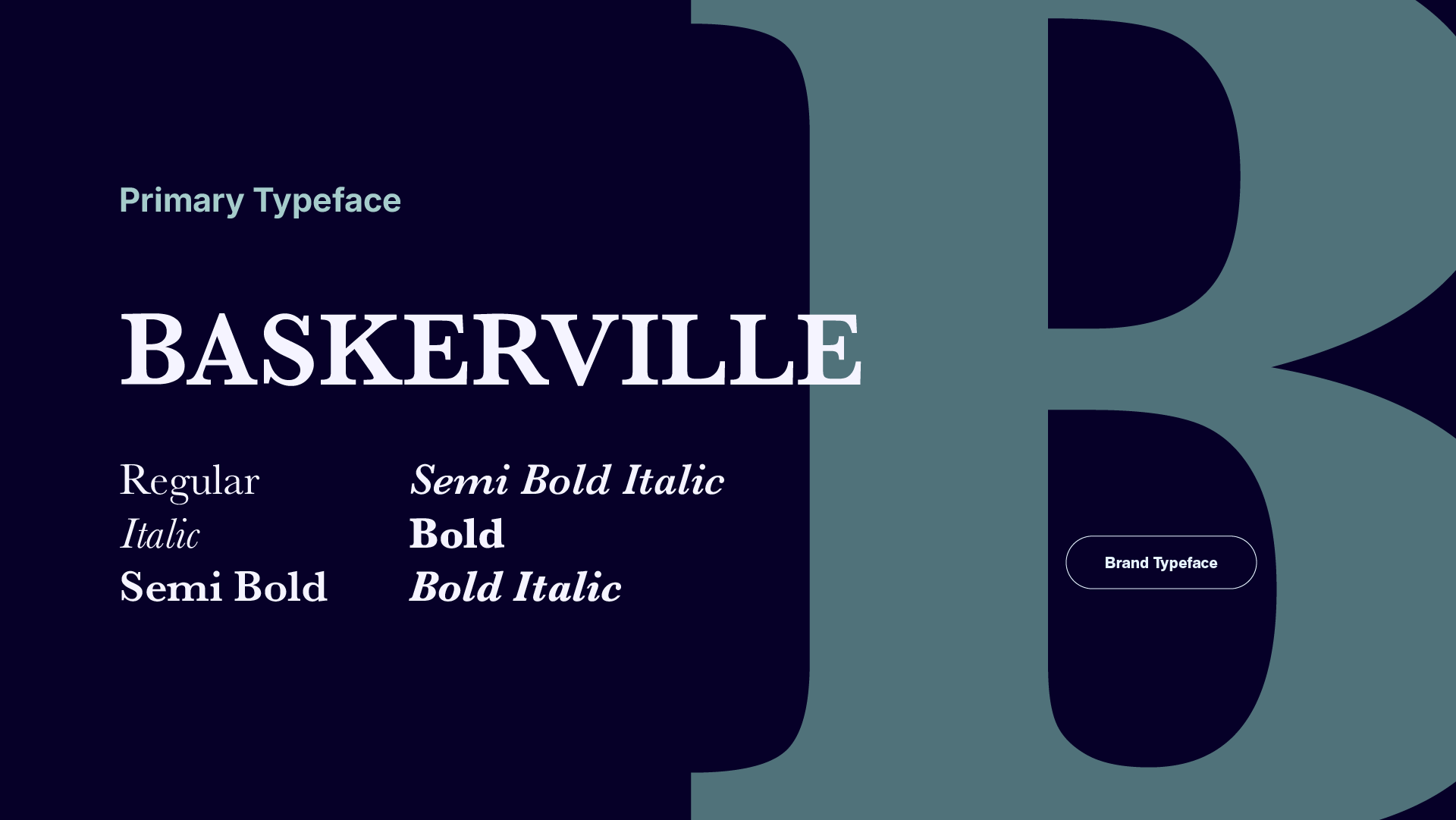Typeface specimen board for Baskerville, showing regular, italic, semi bold and bold weights
