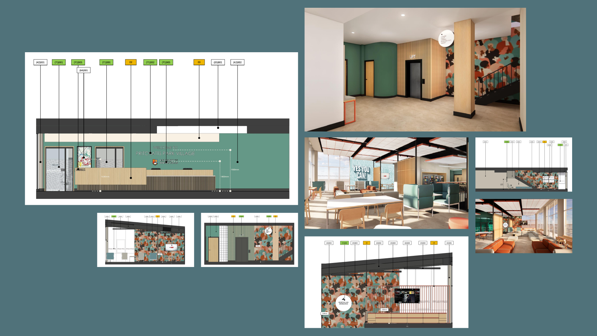Interior design pack — annotated elevations with specification tags, alongside 3D renders of the reception lobby, study lounge and seating areas