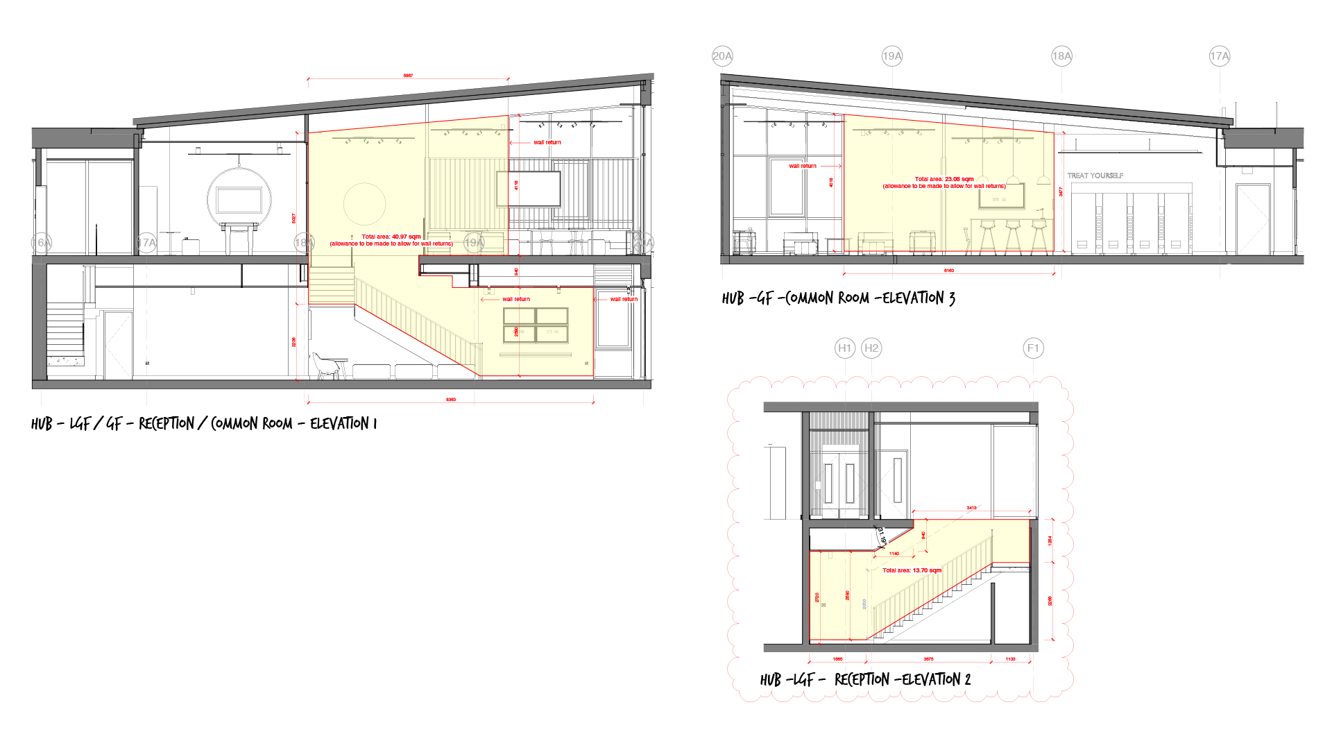 Architectural drawings setting out the first-floor building graphics, with elevations and a stair detail
