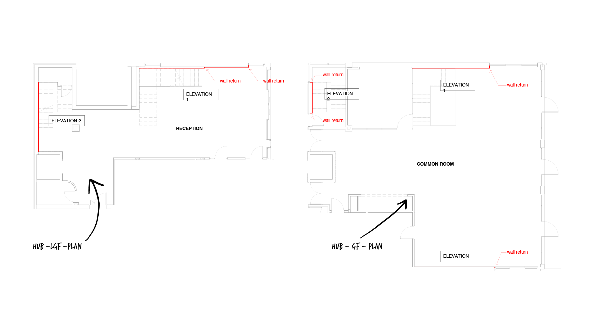 Architectural sections through the building, with the graphic zones highlighted in yellow and red