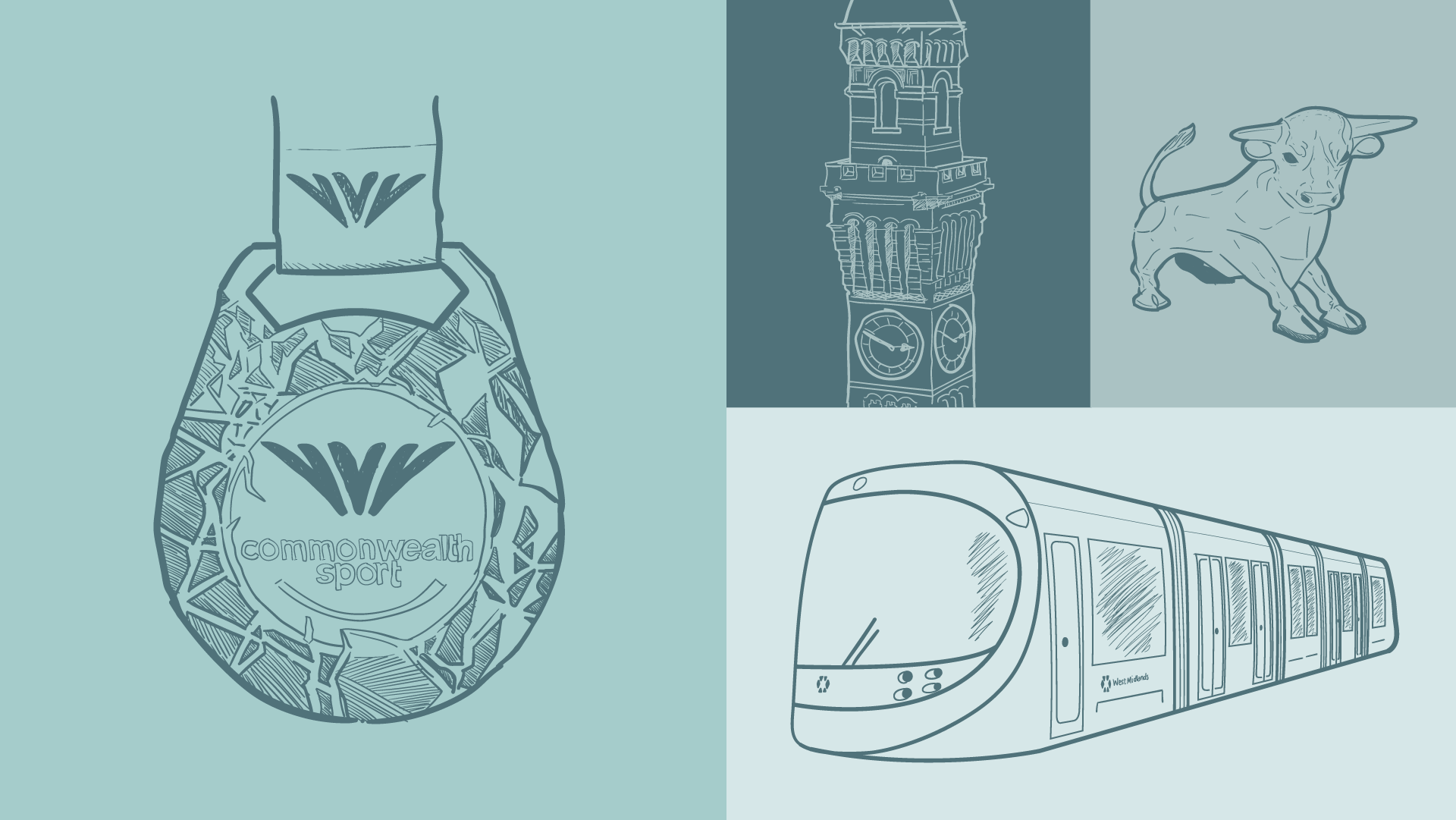 Teal line illustrations of a Commonwealth Games medal, the Old Joe clock tower, the Birmingham bull and a West Midlands Metro tram